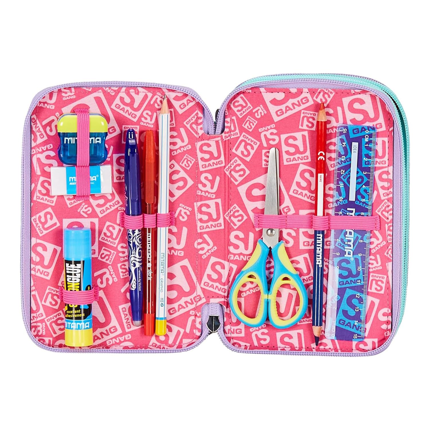 SJ Gang RhythmicSoul 3 Zip Pencil Case, Pink, Triple Pen Holder with Pens, Pencils, Colours, Backpack Accessories, Elementary - Image 3