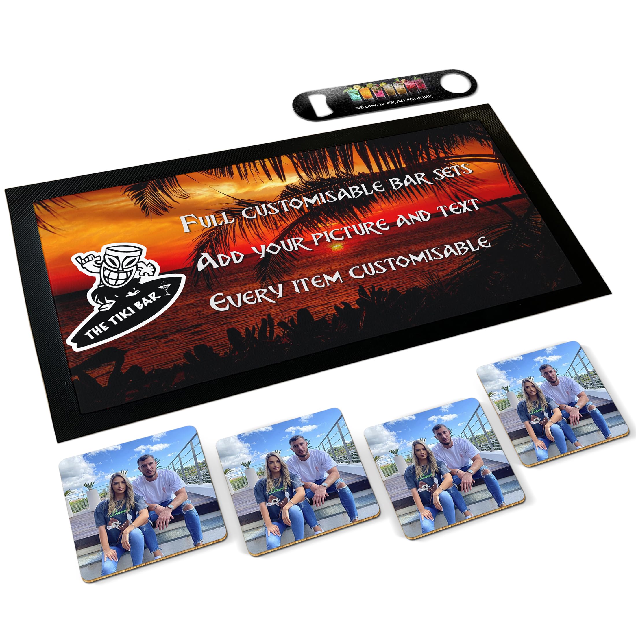ShopQuality4U Personalise Photo Bar Runner Mat, plus add-ons Bottle Opener, Drinks Coasters, Drip Mat, Shot Glasses | Add any Photo and Name/Text