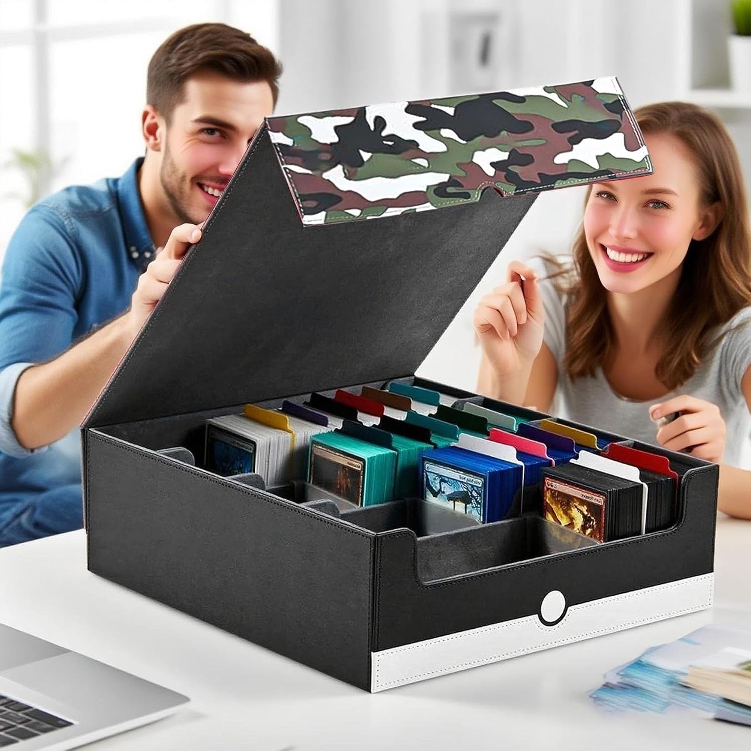 Trading Card Storage Box – 4-Row Organizer Holds 3000+ Sleeves, Includes 4 Stoppers & 24 Dividers, Magnetic Lid, Compatible with TCG/MTG/YGO (Camouflage)
