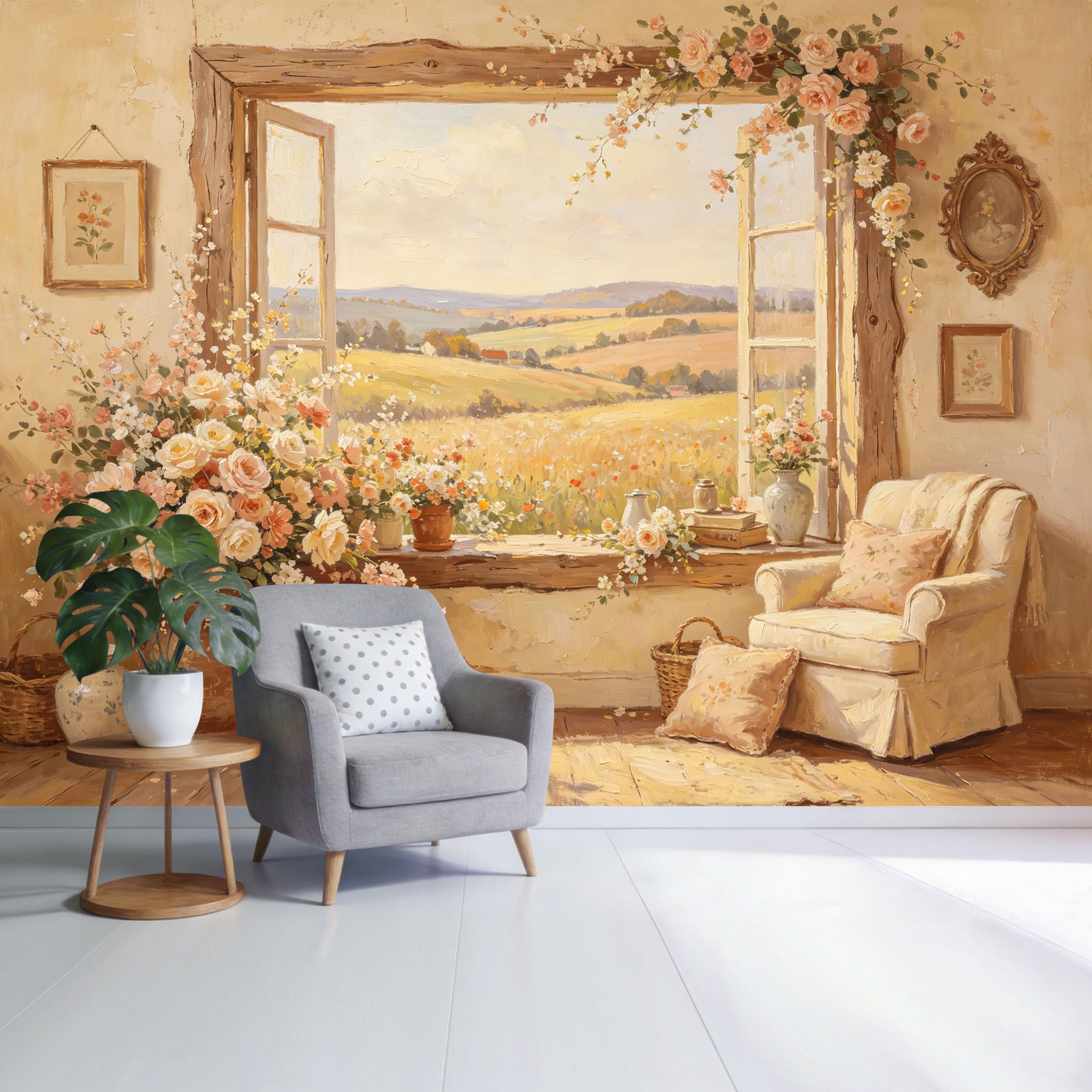 Custom Size Wall Mural Farmhouse Floral Window View Countryside Landscape Oil Painting Style SelfAdhesive Wall Fabric Removable Wallpaper for Home Office Decor