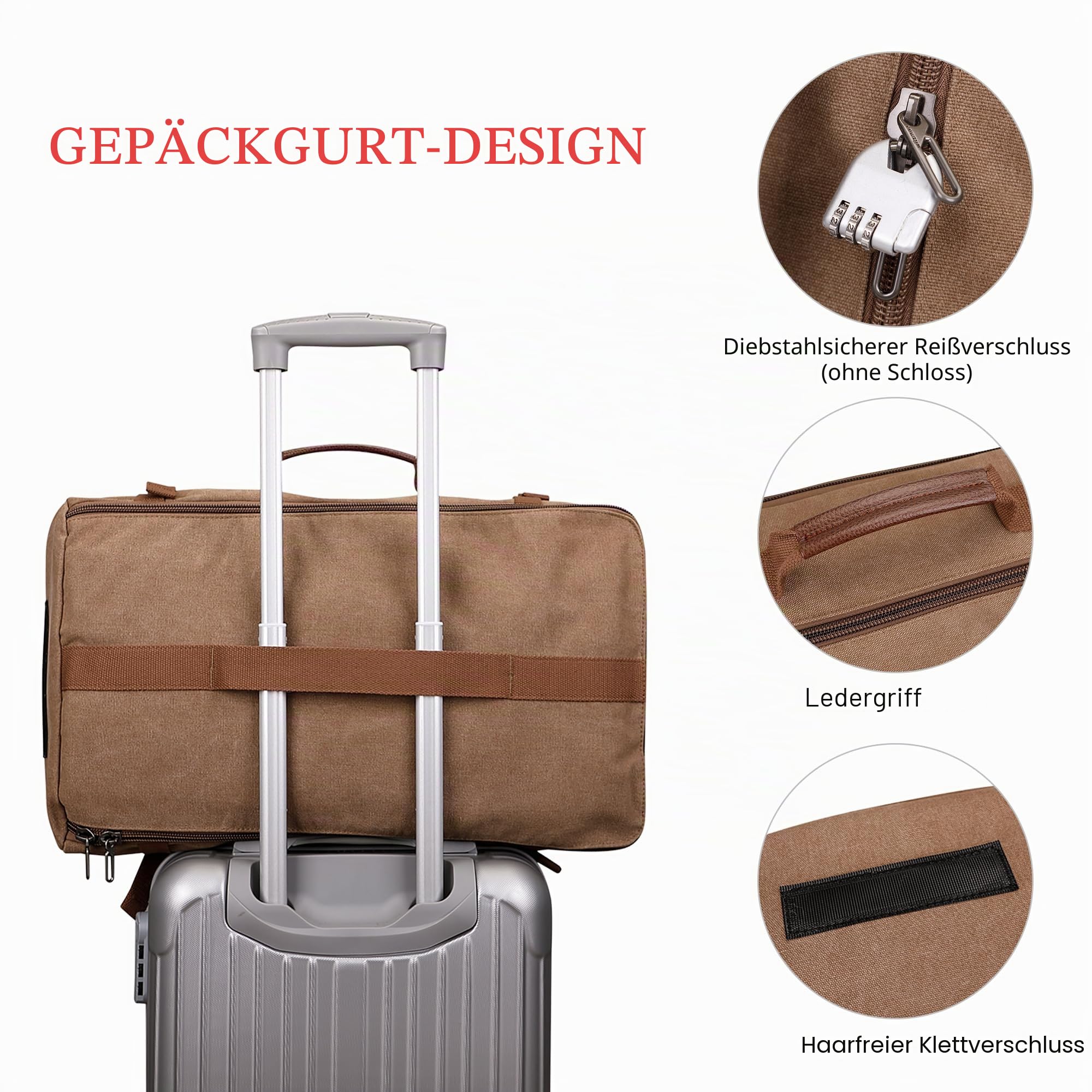 WITZMAN Canvas Reiserucksack Herren Umwandelbar mit 17-Zoll-Laptopfach | Großer Stauraum, 3-in-1 und praktische Fächer, ideal für Reisen, Arbeit und Kurztrips, A519-2 Gross Braun