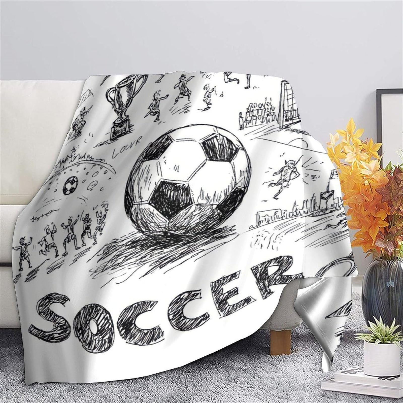 stampa 3D Soccer action coperta da viaggio microfibra biancheria da letto anti-pilling plaid da viaggio compatto per giovani in viaggio avventura hand drawn 70×80inch(180x200cm)