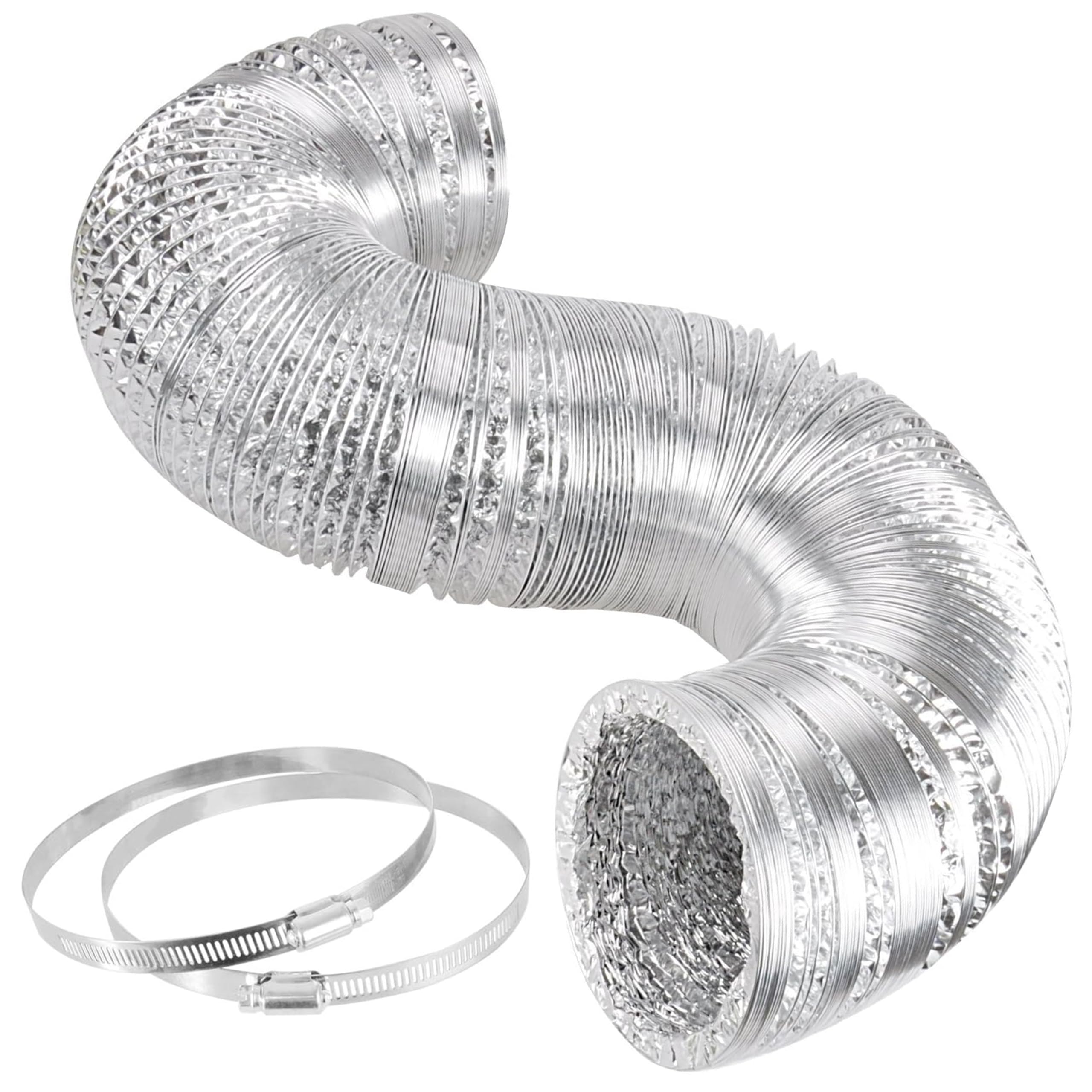 simple deluxe 12 inch 25 feet ducting, non-insulated flex air aluminum foil duct for dryer vent hose, heating, cooling, ventilation, exhaust, 2 clamps included, silver
