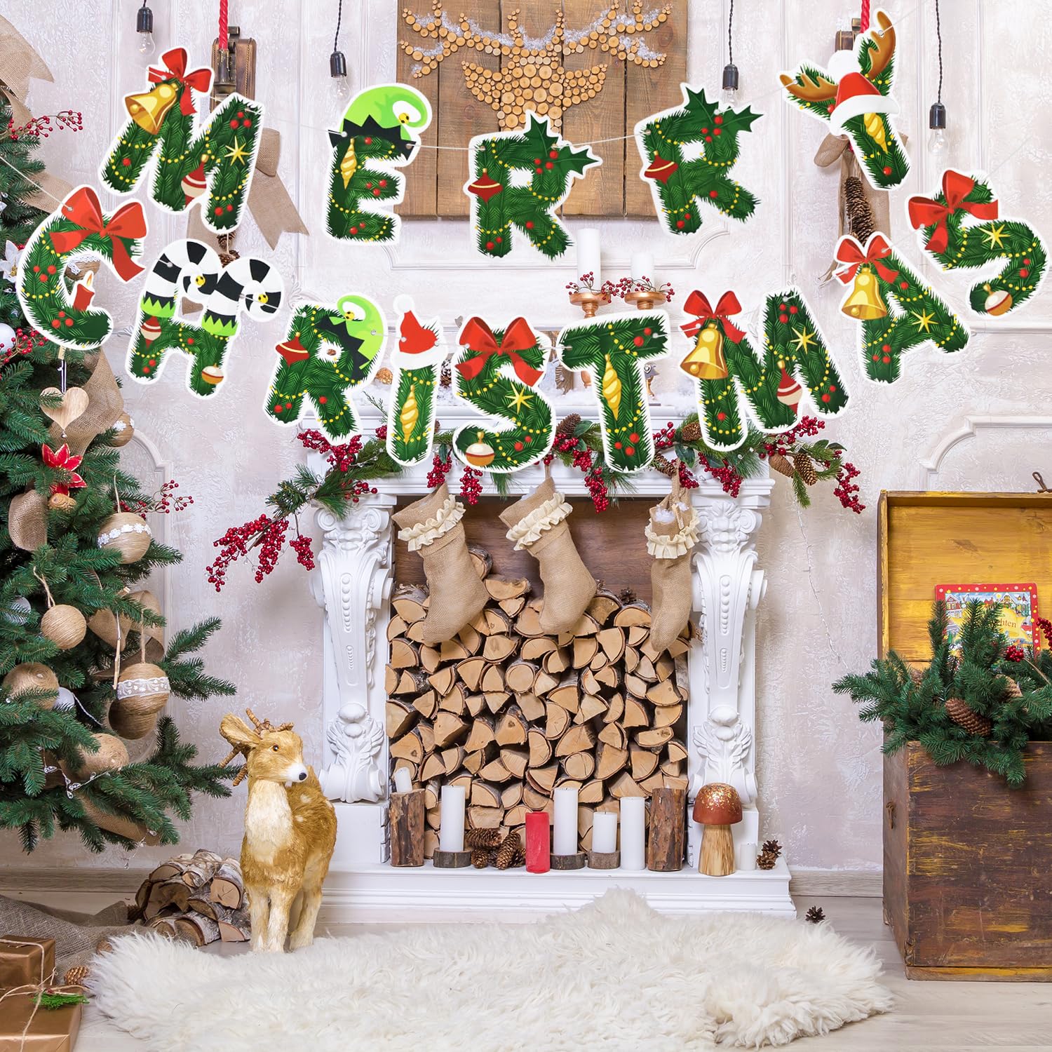 Striscione Di Natale 'Buon Natale' Con Stamina: Lettere, Alce, Pupazzo Di Neve E Babbo Natale - Ghirlanda Decorativa Per Camino, Finestra O Parete
