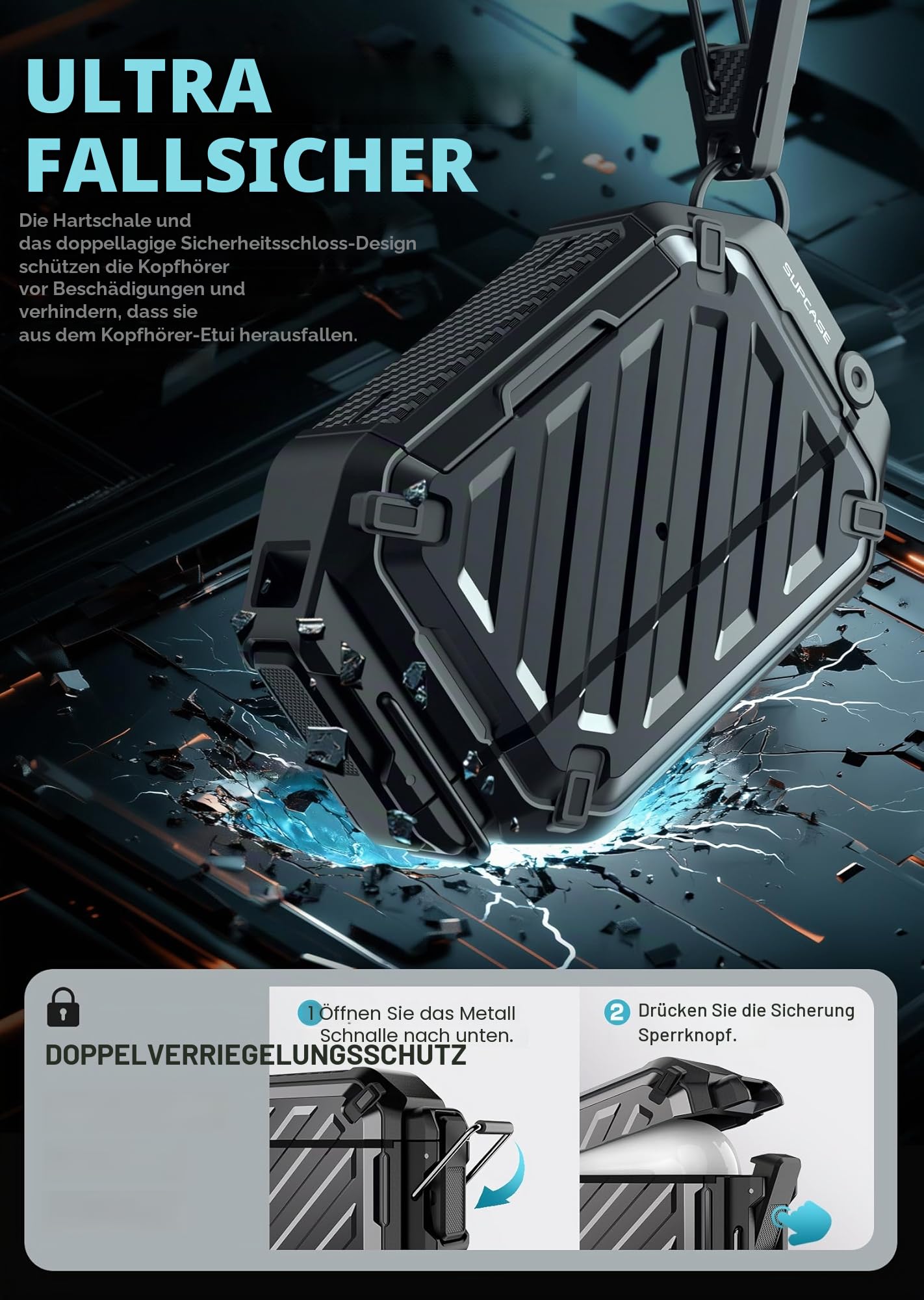 SUPCASE für AirPods Pro 3 Hülle mit Schloss und Karabiner, [IP68 Wasserdicht] [Schutz in Militärqualität] [Unterstützt kabelloses Laden] Kratzfest Schutzhülle​​ Hardcase für AirPods Pro 3 (Schwarz)