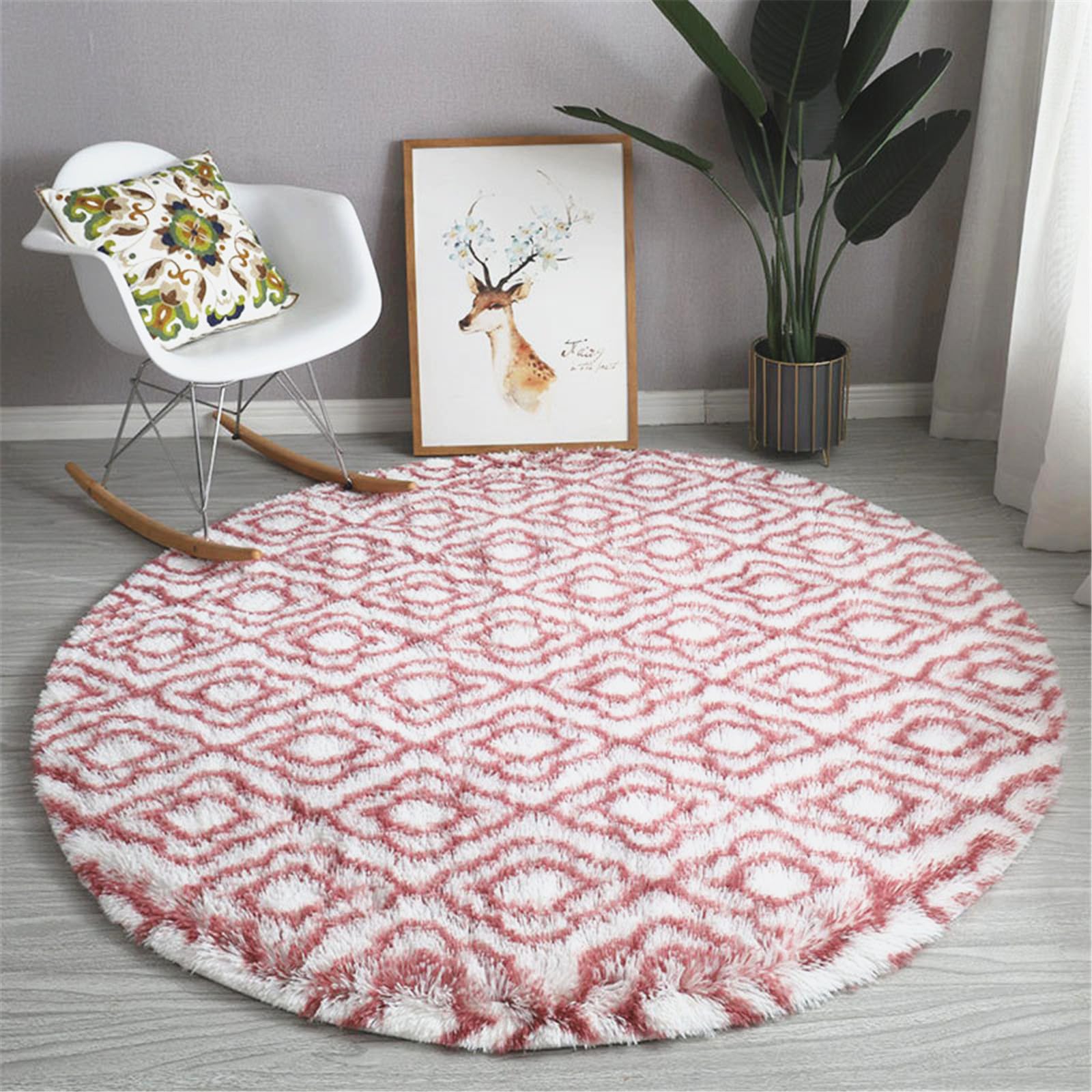 Highdi Alfombra Redonda 80/100/120/160/200cm, Geometría Alfombra de Pelo Largo para Salón Shaggy Alfombras Redondas Lavable Antideslizante Alfombra Grande para Habitación Salón (Rosa,100cm)