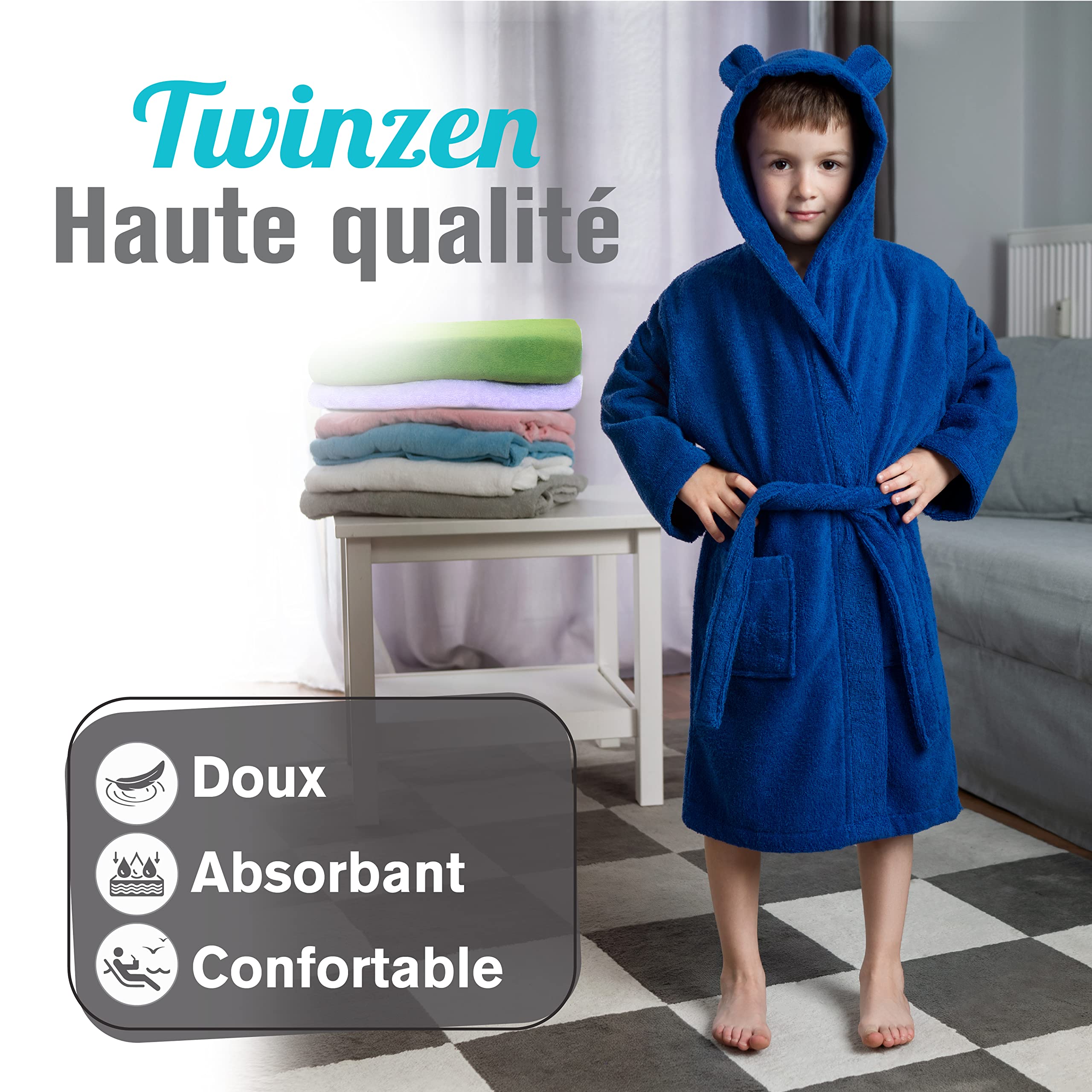 Twinzen - Peignoir Enfant Coton pour Fille et Garçon - 100% Coton OEKO-TEX® Sans Produits Chimiques- 2 Poches, Ceinture, Capuche avec Oreilles