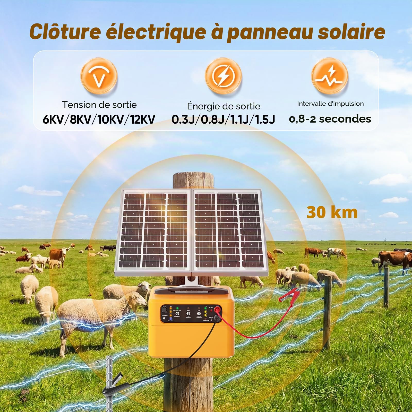 clôture électrique réglable de 0,3 à1,5 joule avec panneau solaire de 15W batterie de 7Ah,clôture électrique solaire portable avec une sortie allant jusqu'à 12KV pour le bétail et la volaille