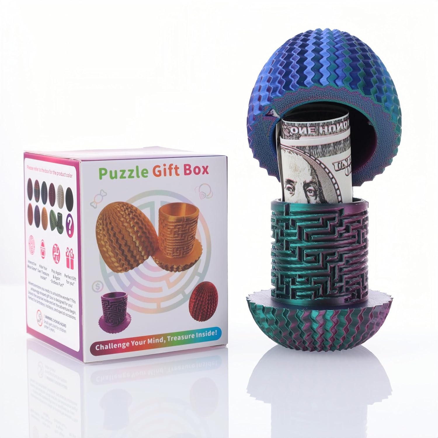 Maze Egg Money Puzzle Box - Hidden Compartment Brain Teaser Toy with 4 Logic Challenges - Portable Travel Sensory Activity for Kids & Adults, Graduation Birthday Gift