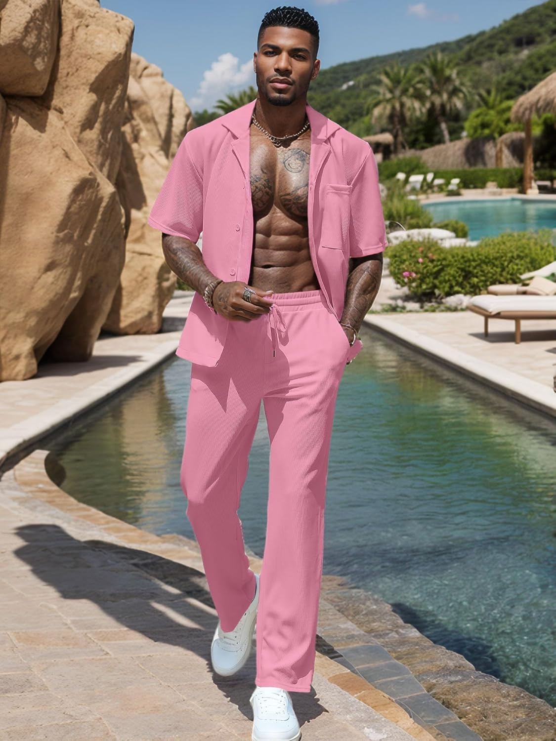 UOUA Mens Summer 2 Piece Set Casual Outfits Button Short Sleeve Shirt & Loose Pants Textured Striped Tracksuit Walking Suits - Image 2