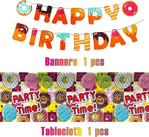 Miniatura 2 de Suministros para fiesta de donas  Cartel de feliz cumpleaños, decoración de pastel, globos, mantel para decoración de fiesta de cumpleaños de donas