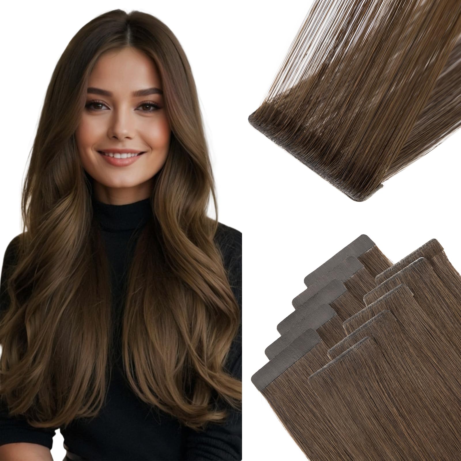 Benehair Invisible Tape in Injected Hair Extensions Real Human Weft Remy Natural Real Hair Extension Straight 10 Pcs #2 Dark Brown 14 Inches (20g)