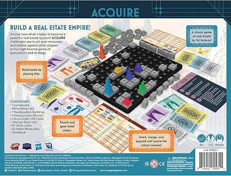 Renegade Game Studios Acquire Board Game - Classic Strategy & Tycoon Modes | Strategic real estate tycoon game for 2-6 players ages 12+. Includes 9x12 grid board and legible building tiles