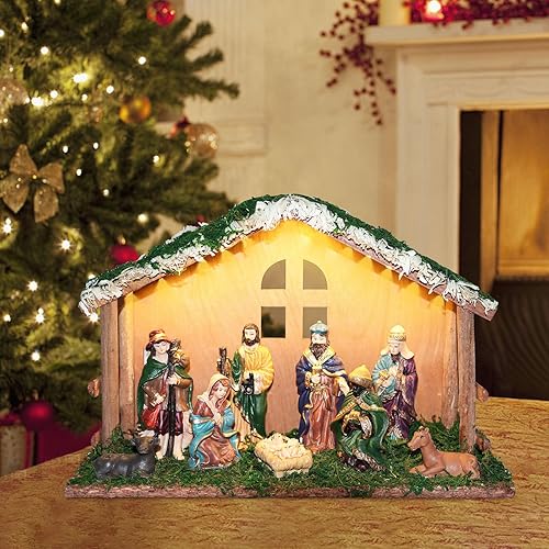 Miniatura 6 de PALZIK Juego de Belén de Navidad iluminado, juegos de Belén para Navidad en interiores con establo de madera, juego de belén de Navidad y figuras