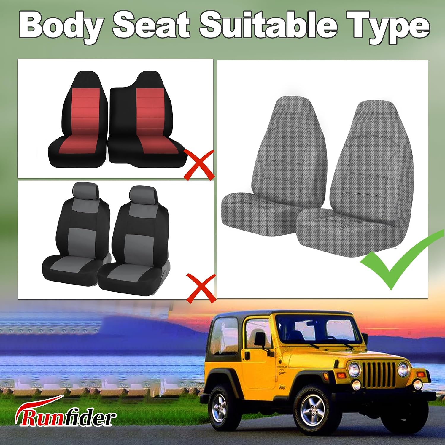 Custom Seat Covers for Jeep Wrangler TJ 1997 1998 1999 2000 2001 2002 Heavy Duty Cloth Protector Interior Accessories，Waterproof & Machine Washable, Foam Padded - Gray（Front）