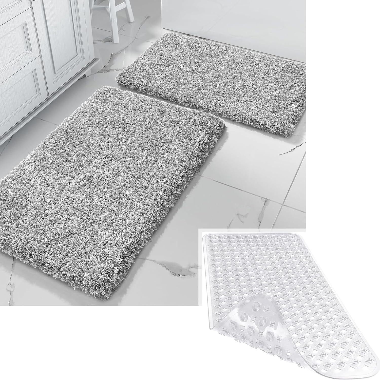 Yimobra Original Bath Tub and Shower Mat, Fluffy Bath Mats Sets, Non Slip, Water Absorbent Microfiber, Machine Washable, Fluffy Plush Soft Shower Rugs, Thick Floor Mat, Light Gray&White