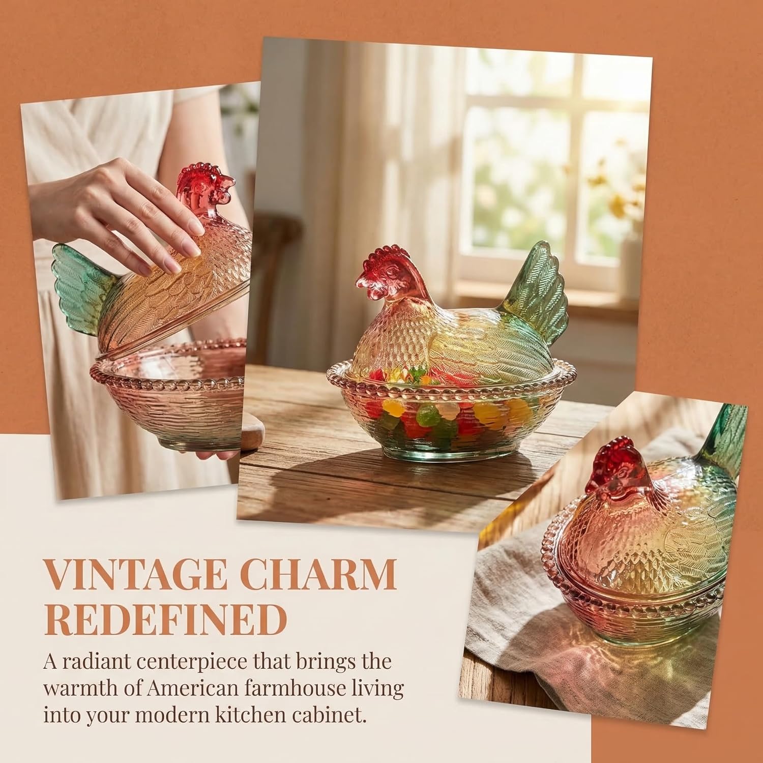 Garneck Vintage Candy Dish with Lid: Hen on Nest Glass Dish Chicken Shaped Candy Bowl Crystal Glass Storage Container for Kitchen Home Tabletop Decor