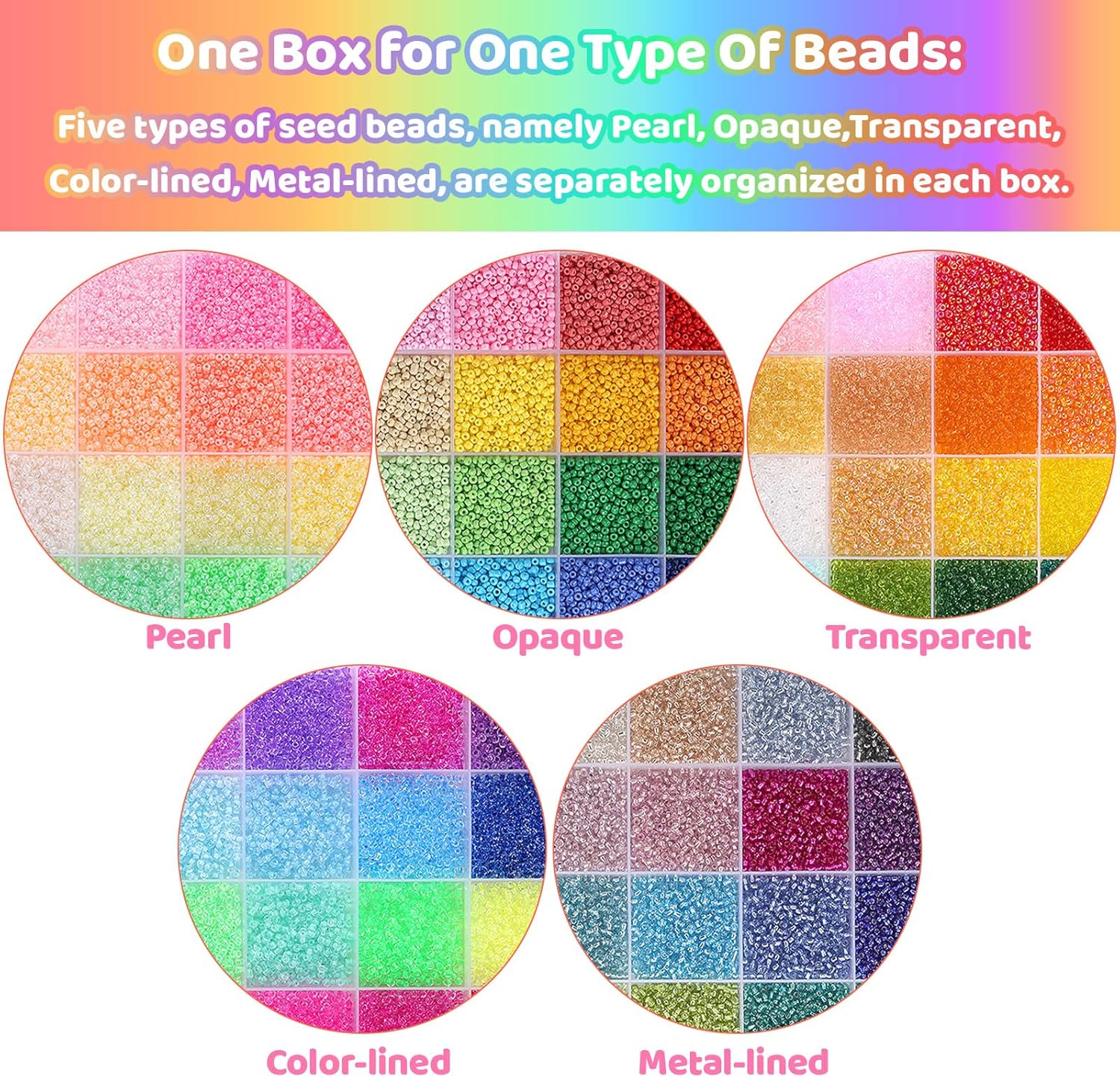 Funtopia 61000pcs 2mm Seed Beads for Jewelry Making, 5 Types 120 Colors Small Glass Beads for Bracelets, Friendship Bracelet Kit with Alphabet Letter Beads, Smile Face Beads for DIY, Art and Craft - Image 2