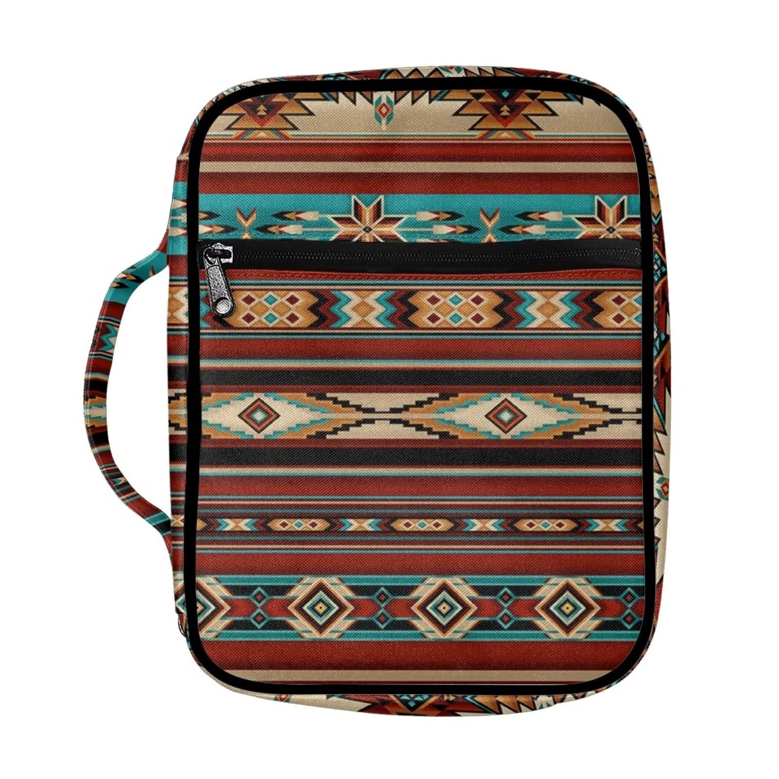 SEANATIVE Retro Ethnic Tribal Stripe Print Polyester Bible Cover Carrying Book Case Multifunctional Church Bible Protective Bag with Front Pocket for Women Men