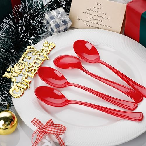Miniatura 2 de WDF Paquete de 100 cucharas de plástico rojas  Cucharas rojas de 6.9 pulgadas, cucharas desechables de plástico resistentes, modernas cucharas