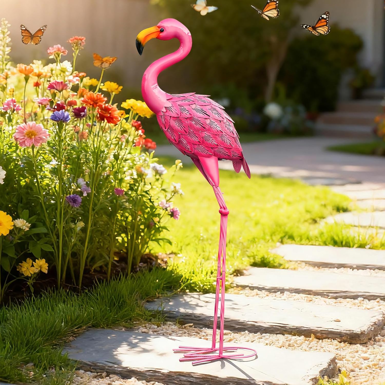 Pink Flamingo Garden Statue Outdoor Decoration, Metal Yard Art Lawn Ornament, Suitable for Backyard Pond, Patio, Porch Outdoor Decor (Large Size)