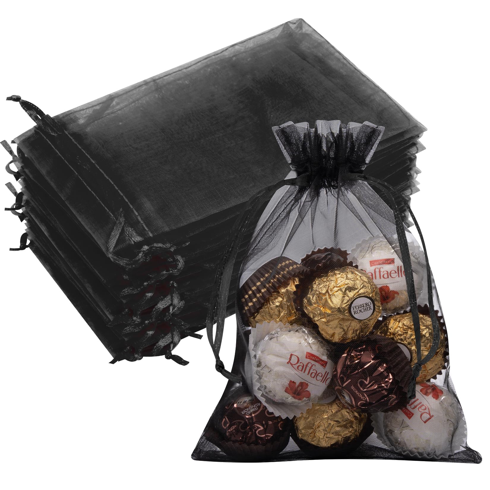 50PCS Black Organza Bags 5x7, Small Gift Bags Cute Mesh Bag Drawstring Pouches Mini Baggies for Jewelry Candy Sachet Goodie Birthday Wedding Halloween Christmas Party Favor Gifts for Men
