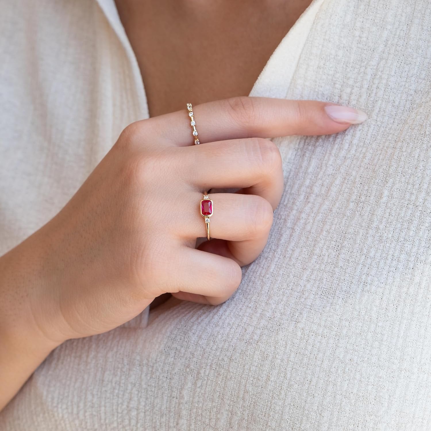 14k Solid Gold Ruby Ring | Emerald Cut Red Ruby Gemstone Ring for Women | Natural 3 Stone Ruby Diamond Ring | July Birthstone | Promise Ring