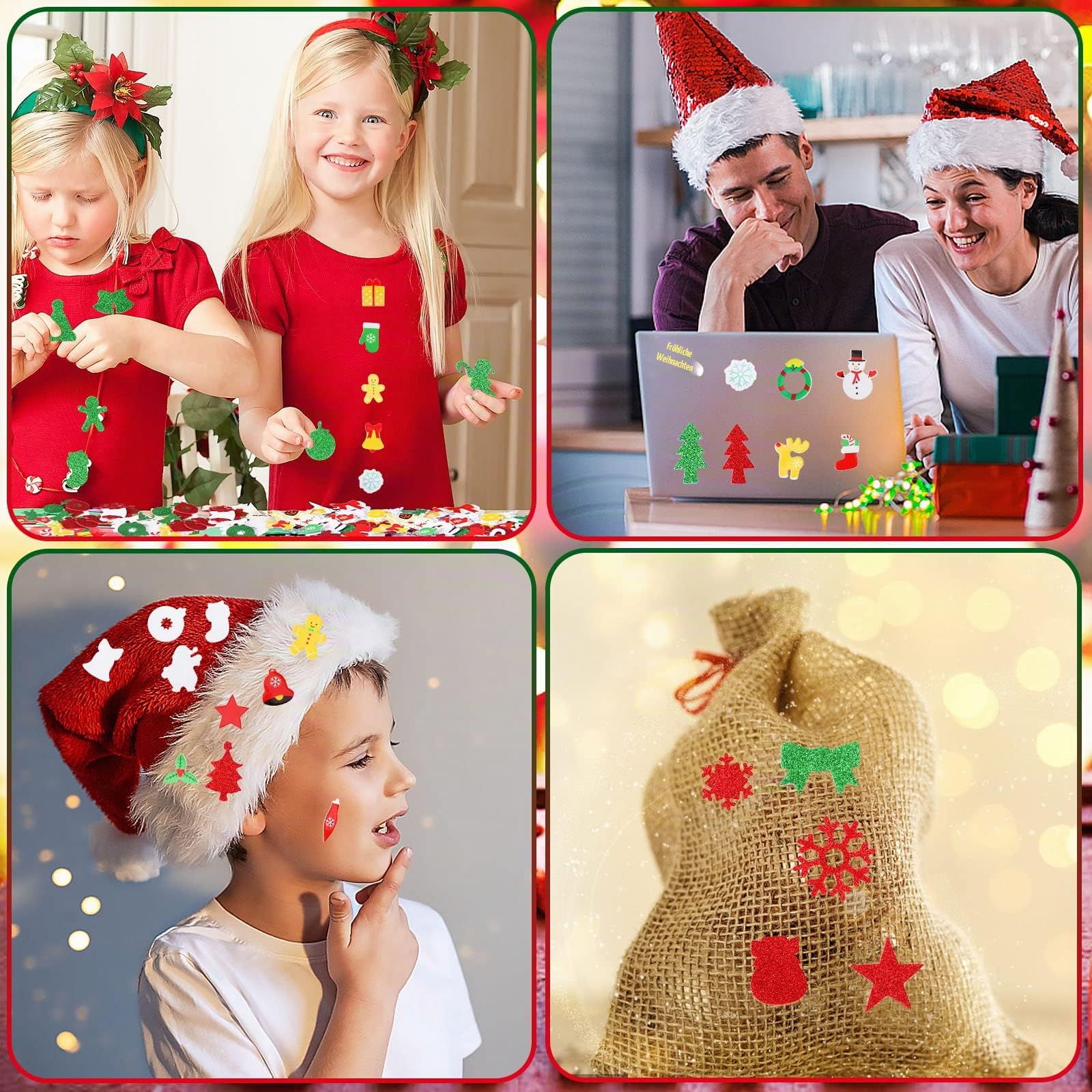 Glitzernde Weihnachtssticker, JULBEAR 300 Stück Selbstklebende Moosgummi Weihnachtsaufkleber Deko Weihnachten Schaumstoff Sticker DIY Filz Weihnachten Aufkleber für Party Basteln Dekoration