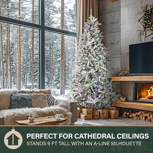 Miniatura 6 de Fraser Hill Farm - Árbol artificial de Navidad nevado Mountain Pine de 9 pies, con luces LED de color multicolor y blanco cálido y soporte,
