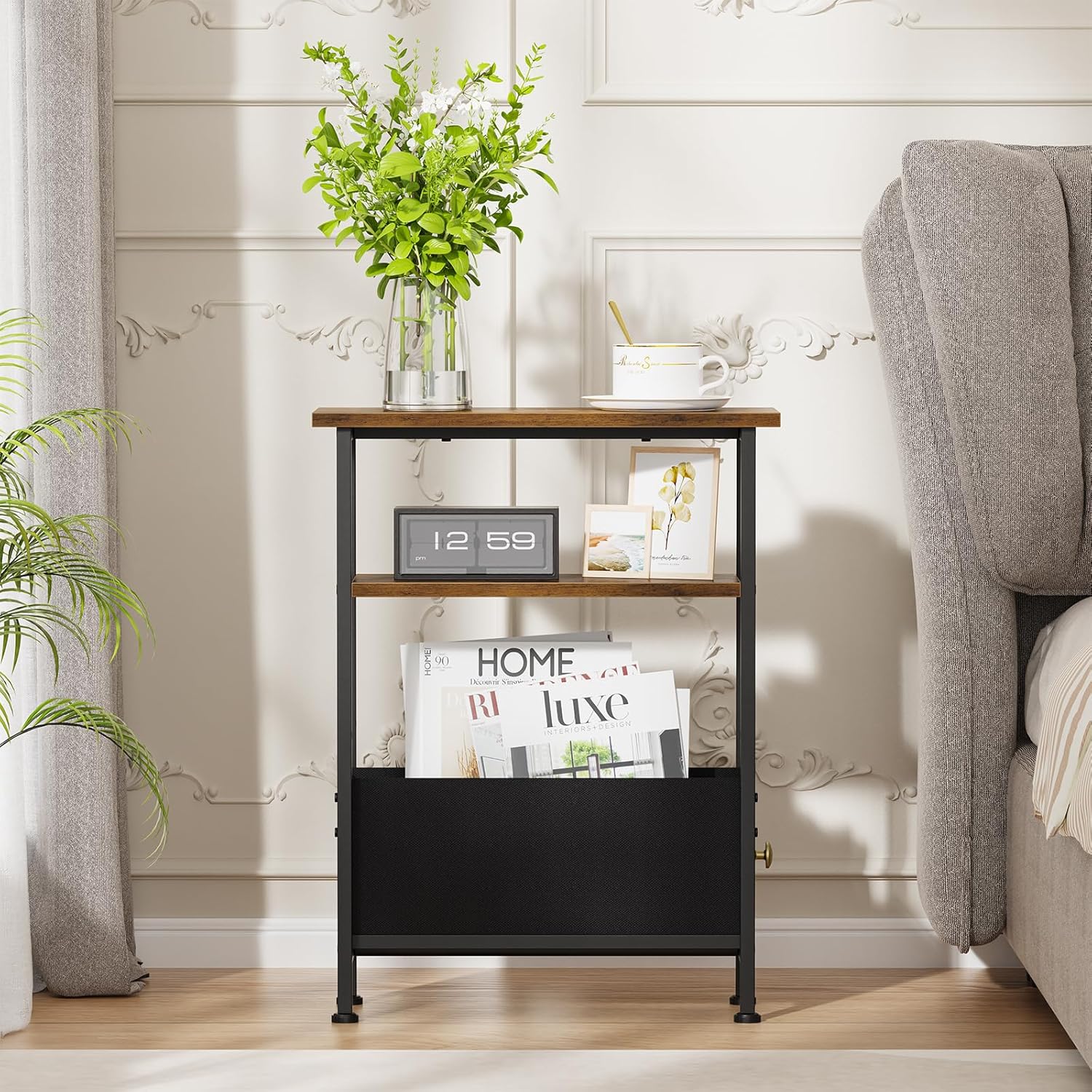 Narrow Small Side Table, End Table with 1 Fabric Drawer and Storage Shelf, 3-Tier Skinny Nightstand, Slim Bedside Table for Living Room, Bedroom, Rustic Brown