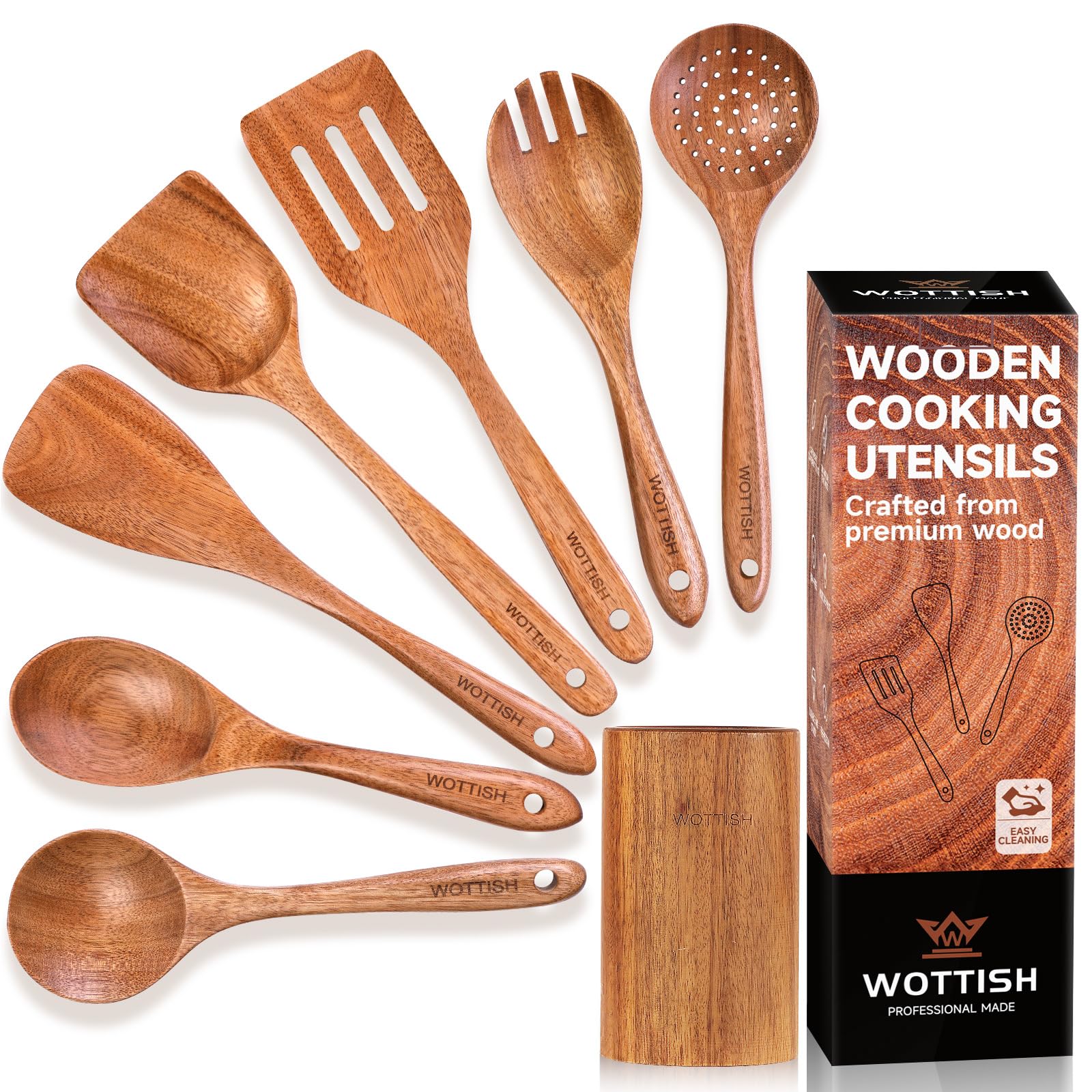 Holzlöffel zum Kochen – 8-teiliges Küchenhelfer-Set aus Holz mit natürlichem Massivholzmaterial – einschließlich Löffel, Spatel, Schöpflöffel, Salatgabel, Rührlöffel und Utensilienhalter (A08)