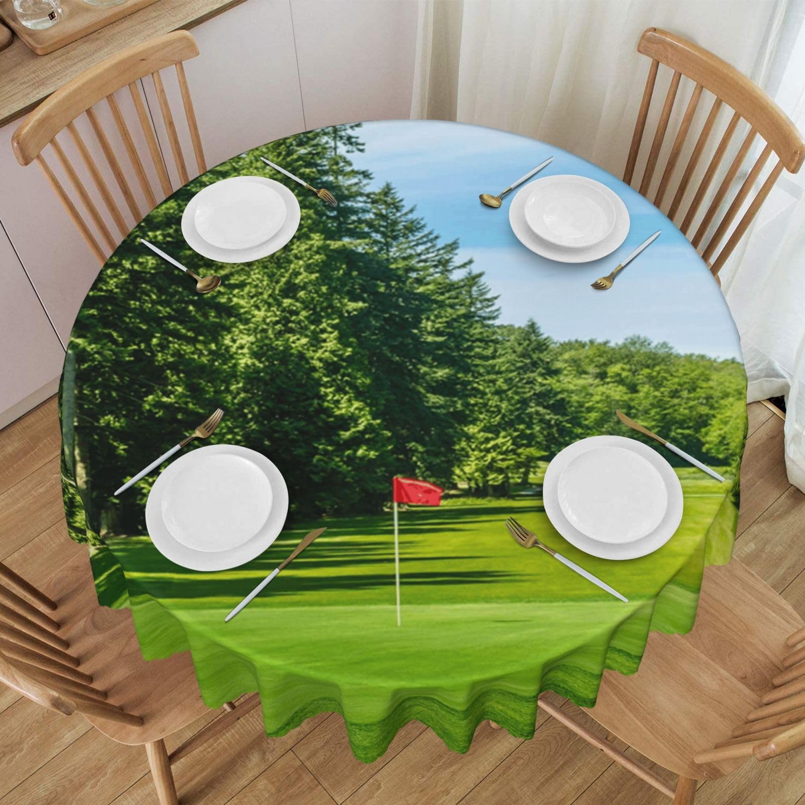 DCEHGEW 60 In Round Tablecloth with Lace, Golf Course Lawn Printed Oilproof & Washable Fabric Picnic Table Cloth Table Covers