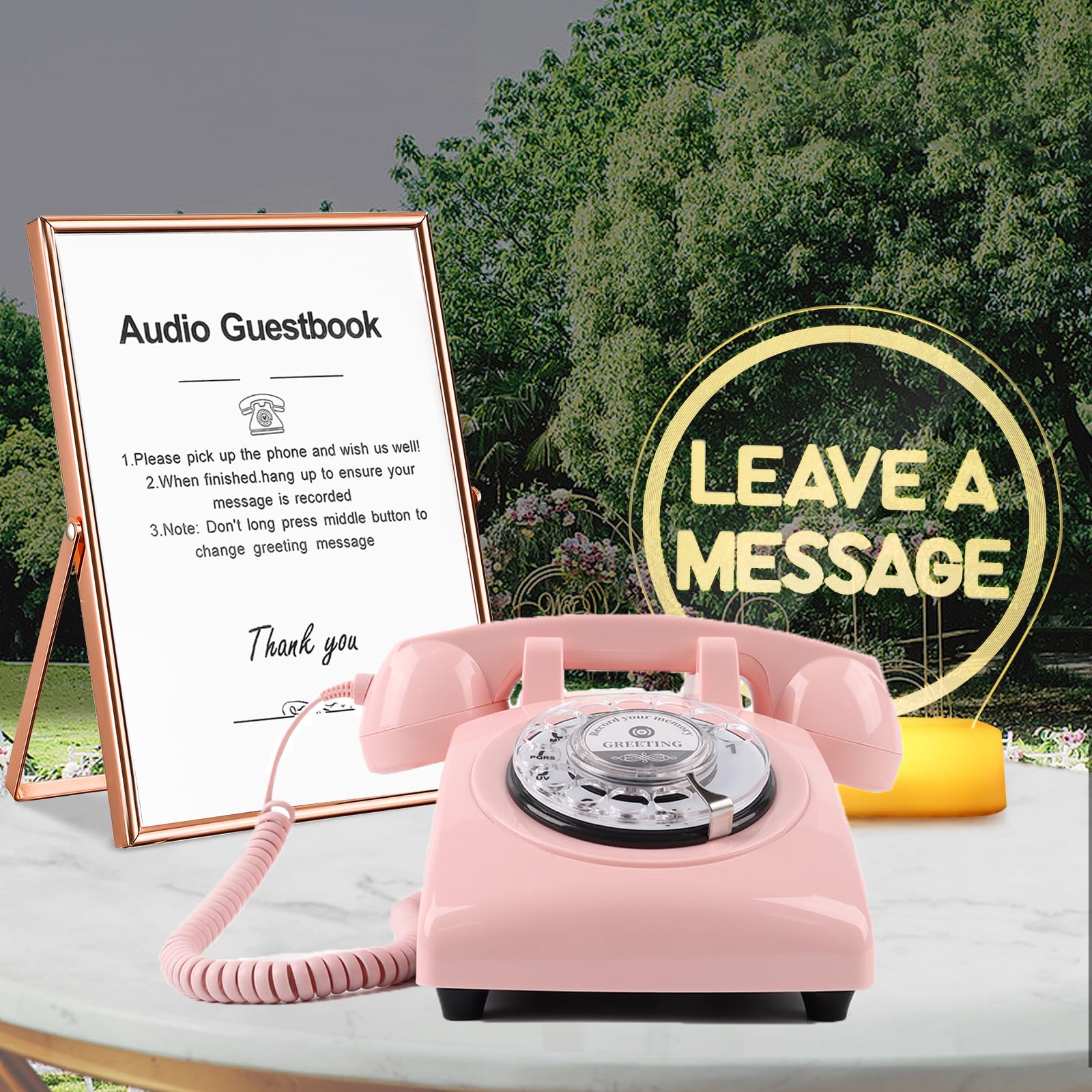 QUOXO Premium Audio Guest Book Telephone with Free LED Wedding Sign and A5 Vertical Photo Frame | Vintage and Retro Style Audio Guestbook | Rotary Phone with Audio Record Voice Messages (Pink)
