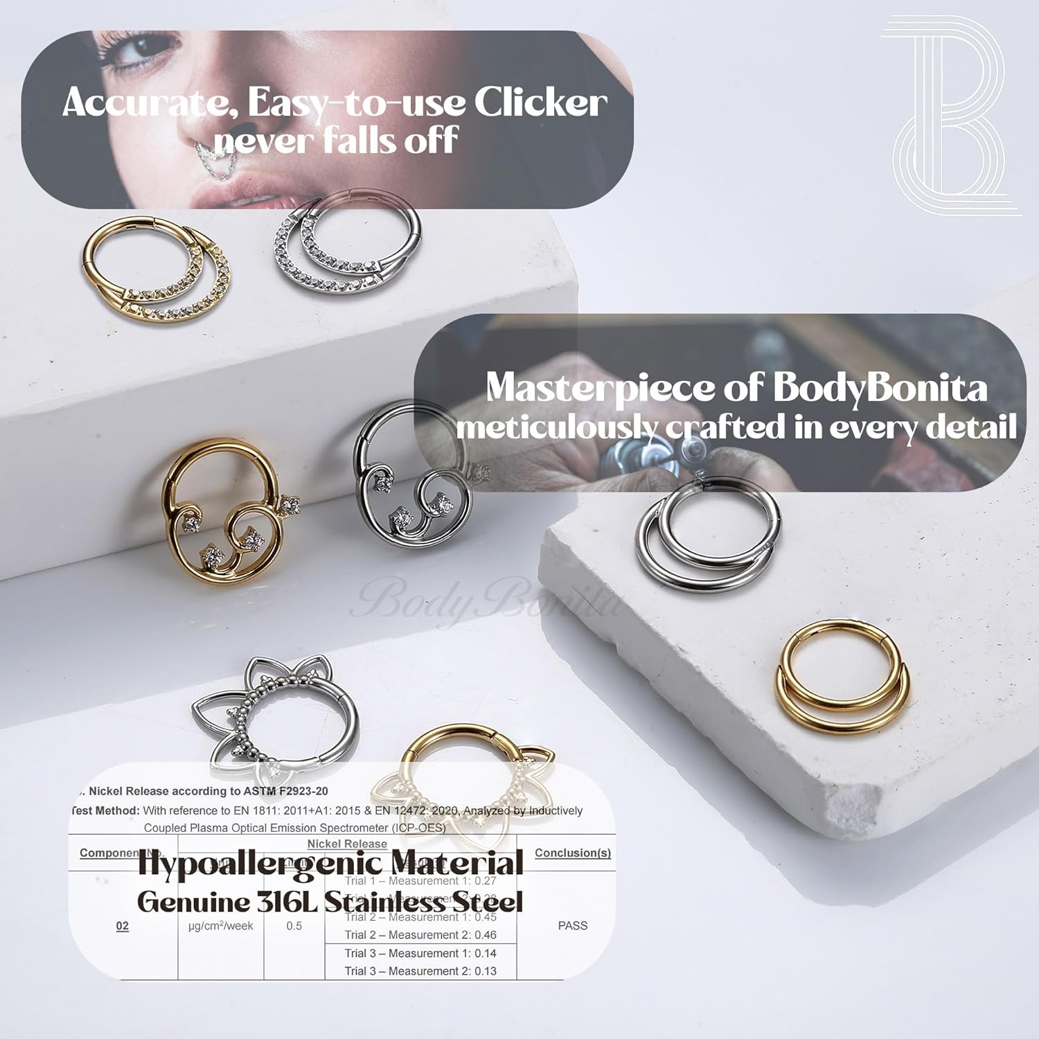 BodyBonita 16G Septum Rings Clicker 316L Stainless Steel Septum Nose Rings for Women Daith Earrings for Women Septum Jewelry Conch Daith Piercing Jewelry 14k Gold Plated/Silver 8mm 10mm - Image 3