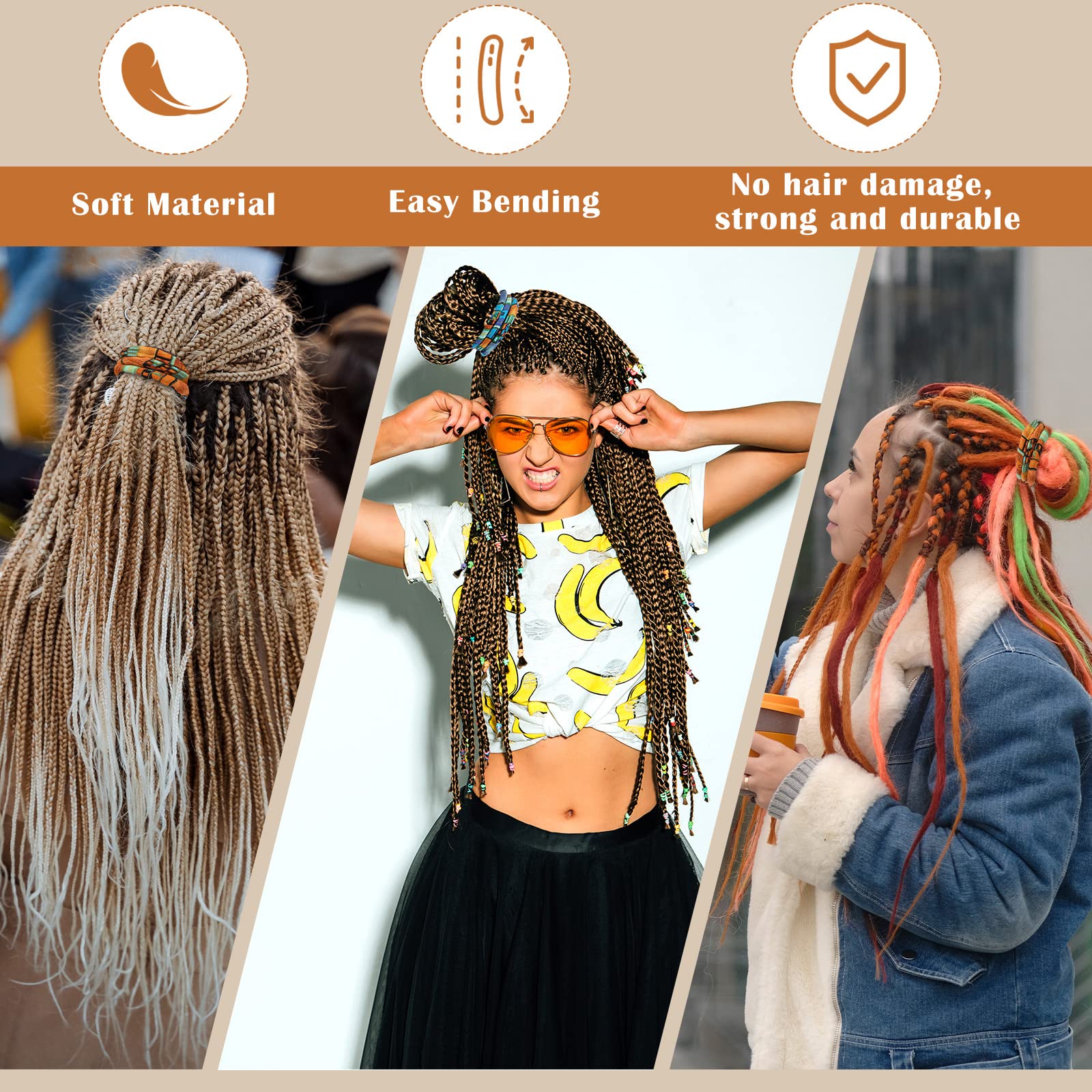 Haargummis mit Spiralverschluss, Dreadlock-Zubehör, Eisendraht, eingebetteter Pferdeschwanz-Halter, blau-braun, Wolken-Stil, Loc Haar-Accessoires, biegbar, lange Dreadlock-Bänder für Damen und Herren