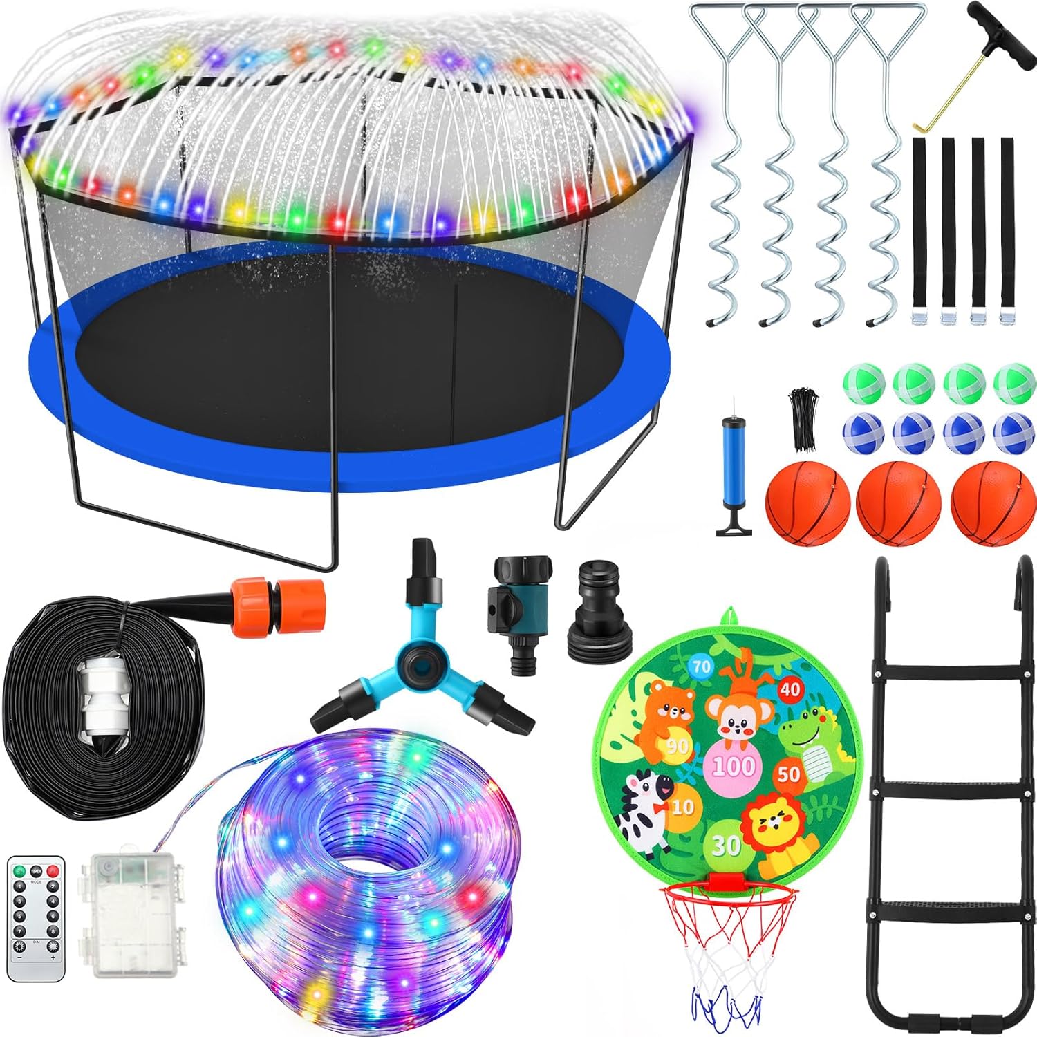 Trampoline Accessories Kit, 3 Step Trampoline Steps 72ft 200 LED Lights 4 Stakes with 4 Belt, T Shaped Hooks, 39.4ft Sprinkler Basketball Hoop Dartboard