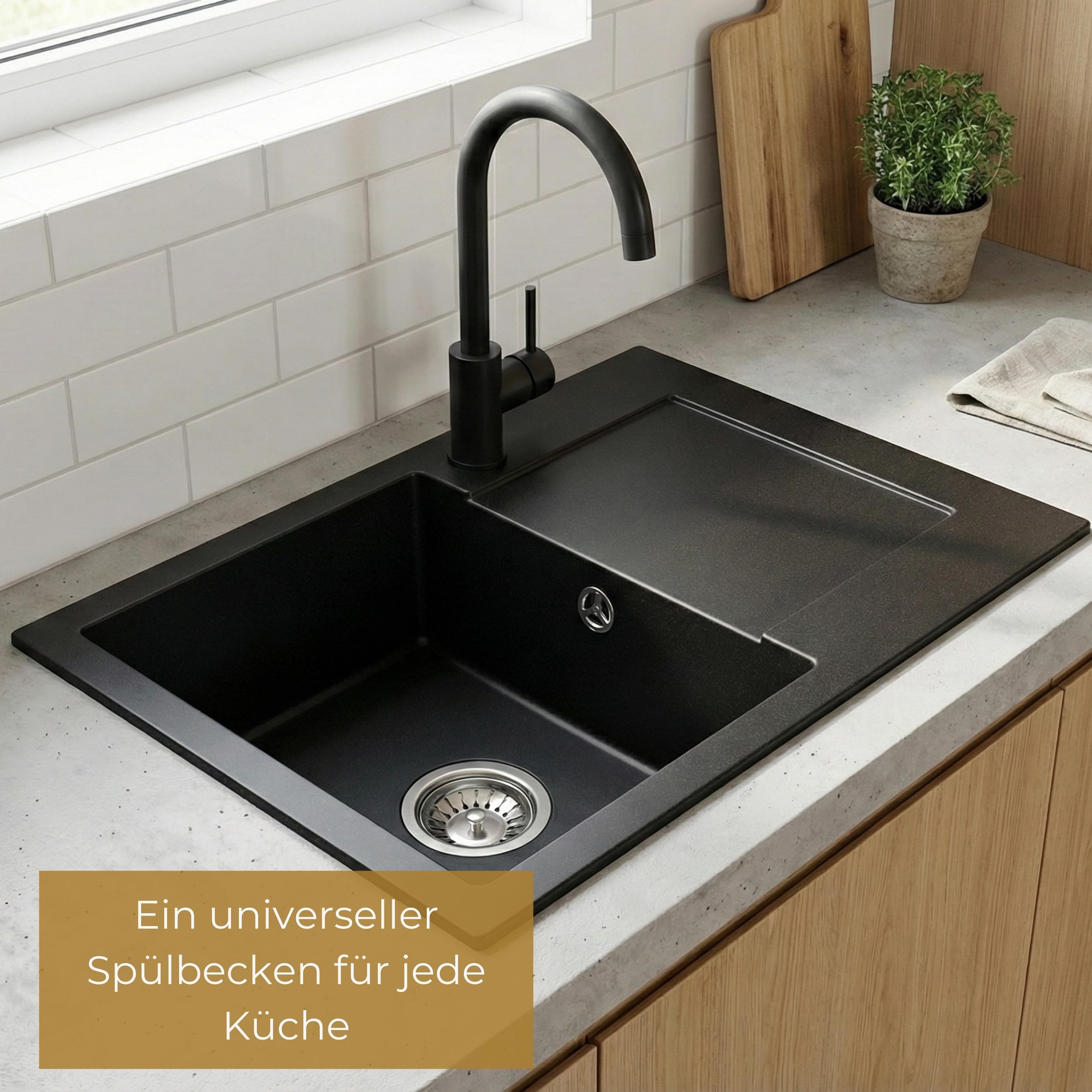 SINK QUALITY zlewozmywak granitowy czarny cętkowany 58 x 47 – zlewozmywak z syfonem i środkiem impregnującym – zlewozmywak kuchenny czarny nakrapiany z ociekaczem do szafki pod umywalkę 50