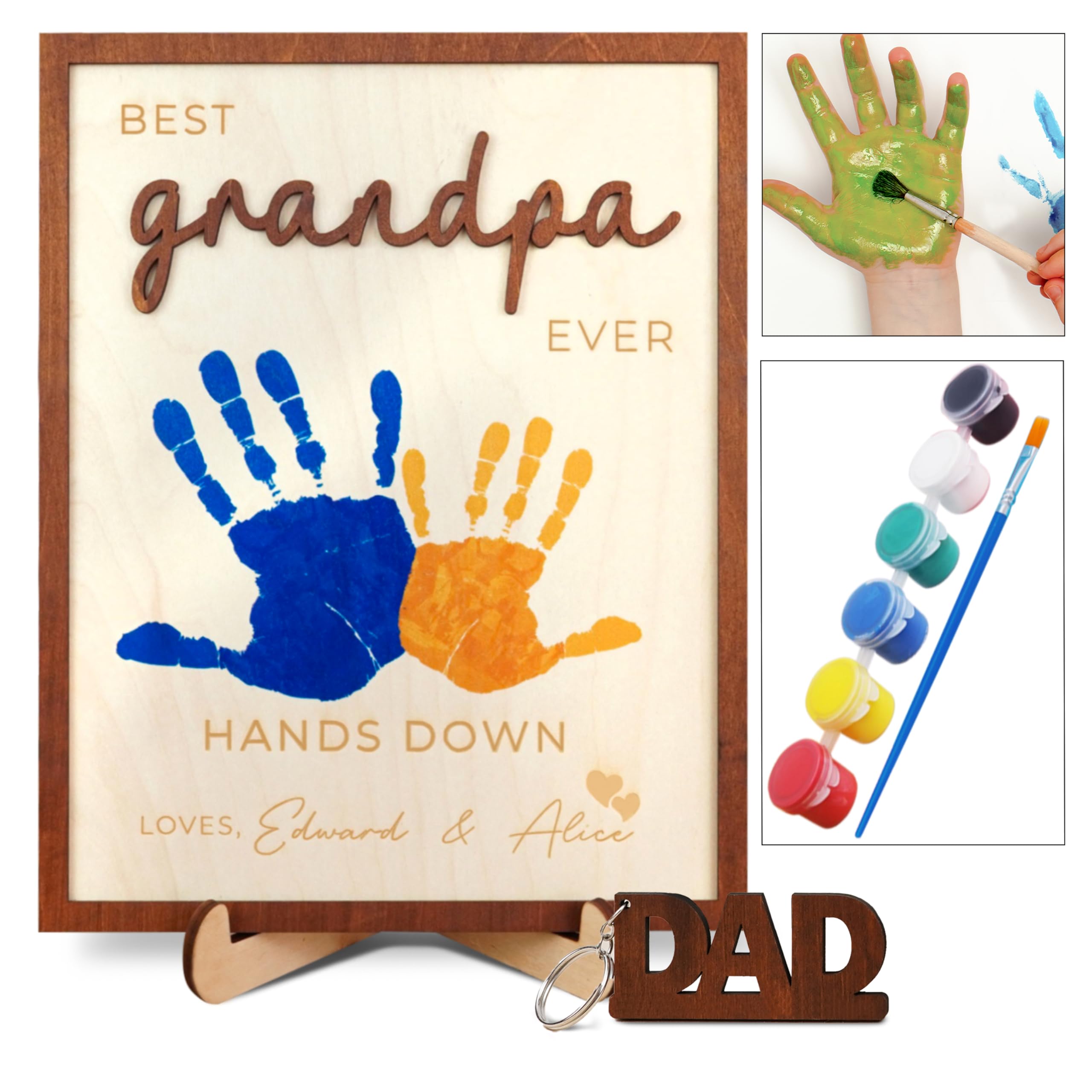 Dad Hand Print Sign Personalized Father Birthday Gifts Wooden Plaque Family Name Best Dad Ever Hands Down Frame Engraved Art Craft Gift For Grandpa Daddy Papa from Daughter Son Wife