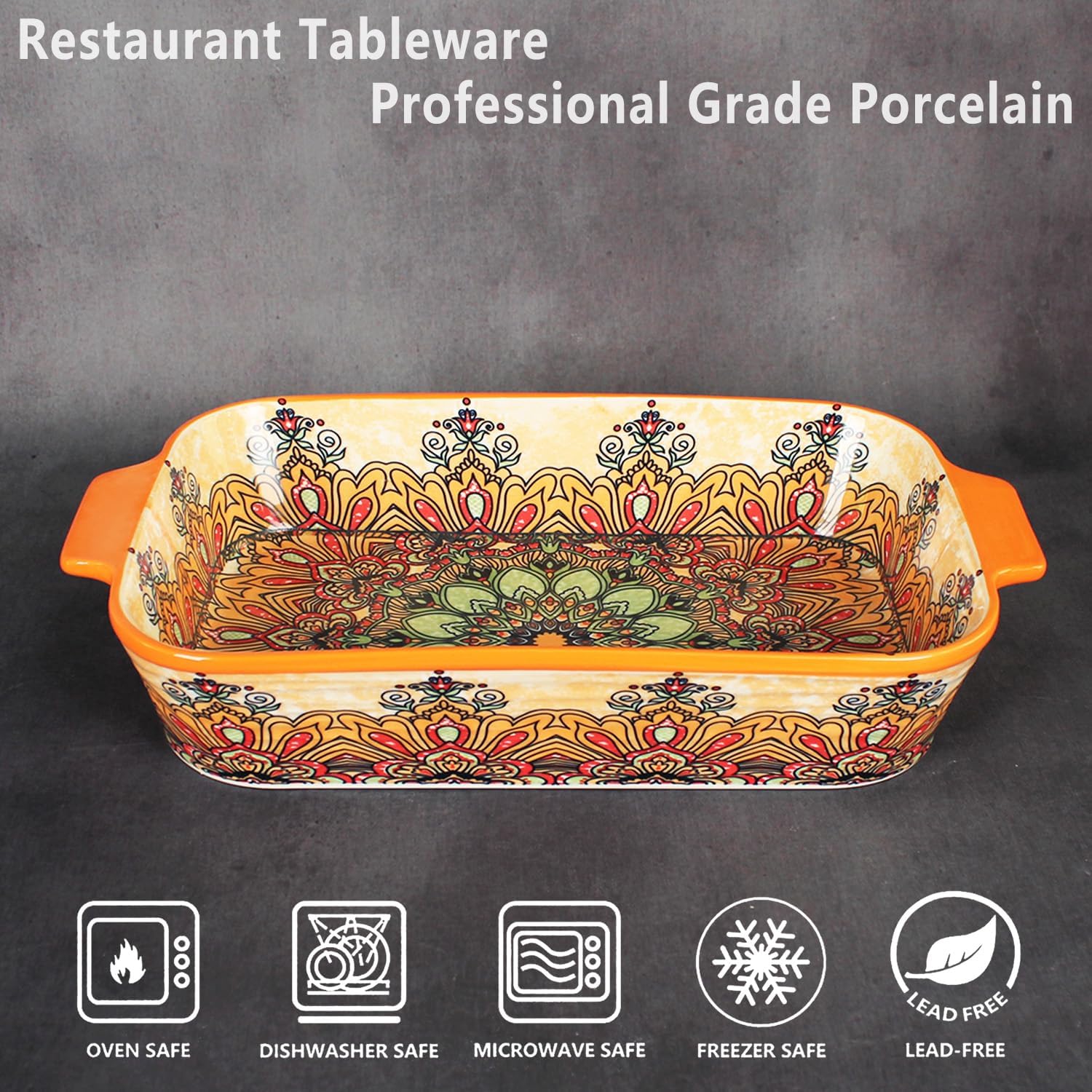Ceramic Double-Handled Square Baking Pan: 58.1oz ceramic baking pan with bohemian-style print, double handle design, suitable for baking, restaurant use, etc. (red, square)