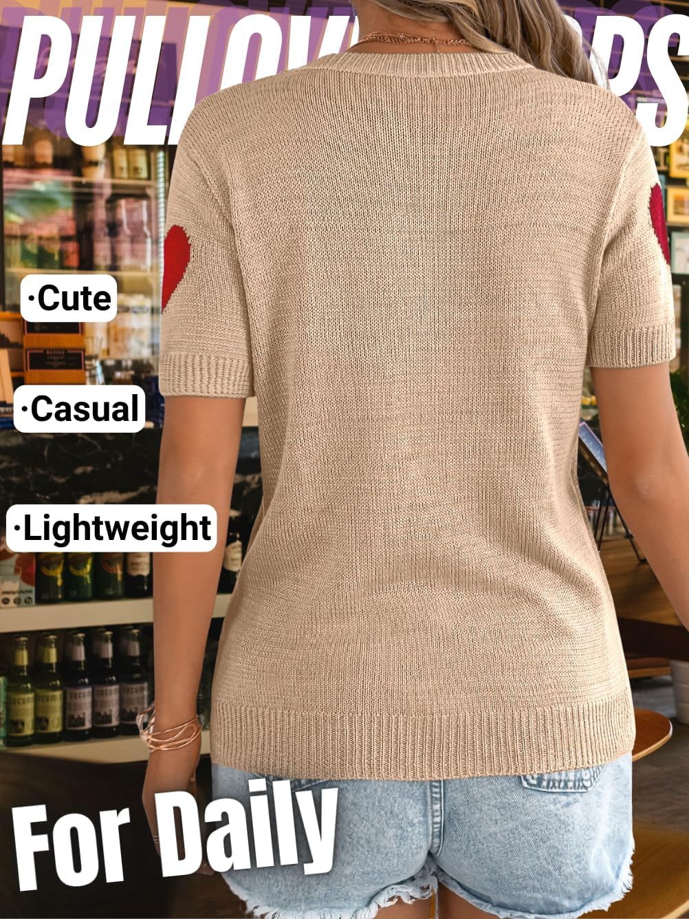 Kaei&Shi Heart Short Sleeve Sweater,Summer Sweaters for Women Lightweight,Dressy Casual Valentines Knit Tops - Image 3