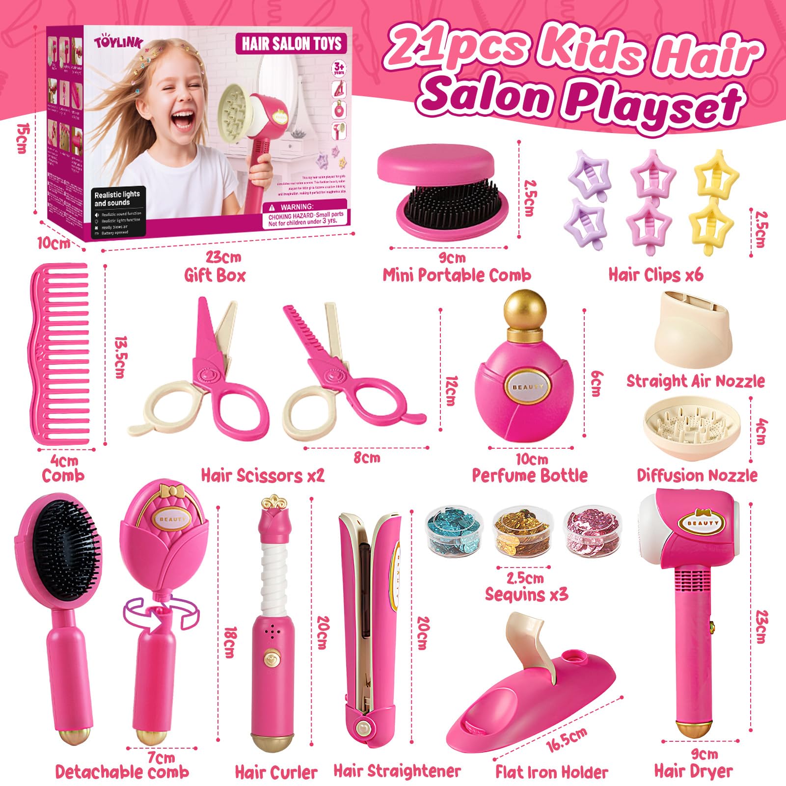 Friseur Set Kinder Spielzeug Geschenke für Mädchen 3-6 Jahre, Friseurkoffer Haarstyling Zubehör mit Haartrockner Lockenstab Schere Kamm Haarschmuck Rollenspiel Spielzeug für Mädchen ab 3 4 5 6 7 8