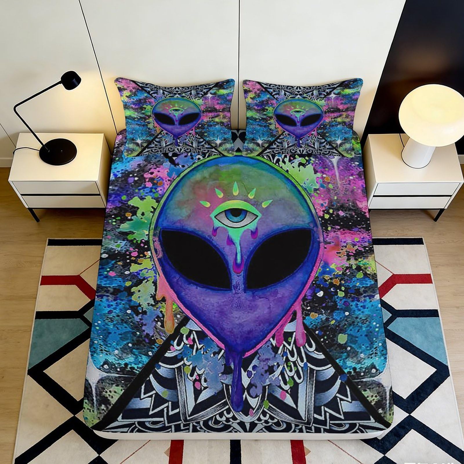 3D Printed Psychedelic Alien Head Fitted Sheet Microfiber Vibrant Third Eye Bed Cover for Bedroom Dorm Decor 180x200x25cm