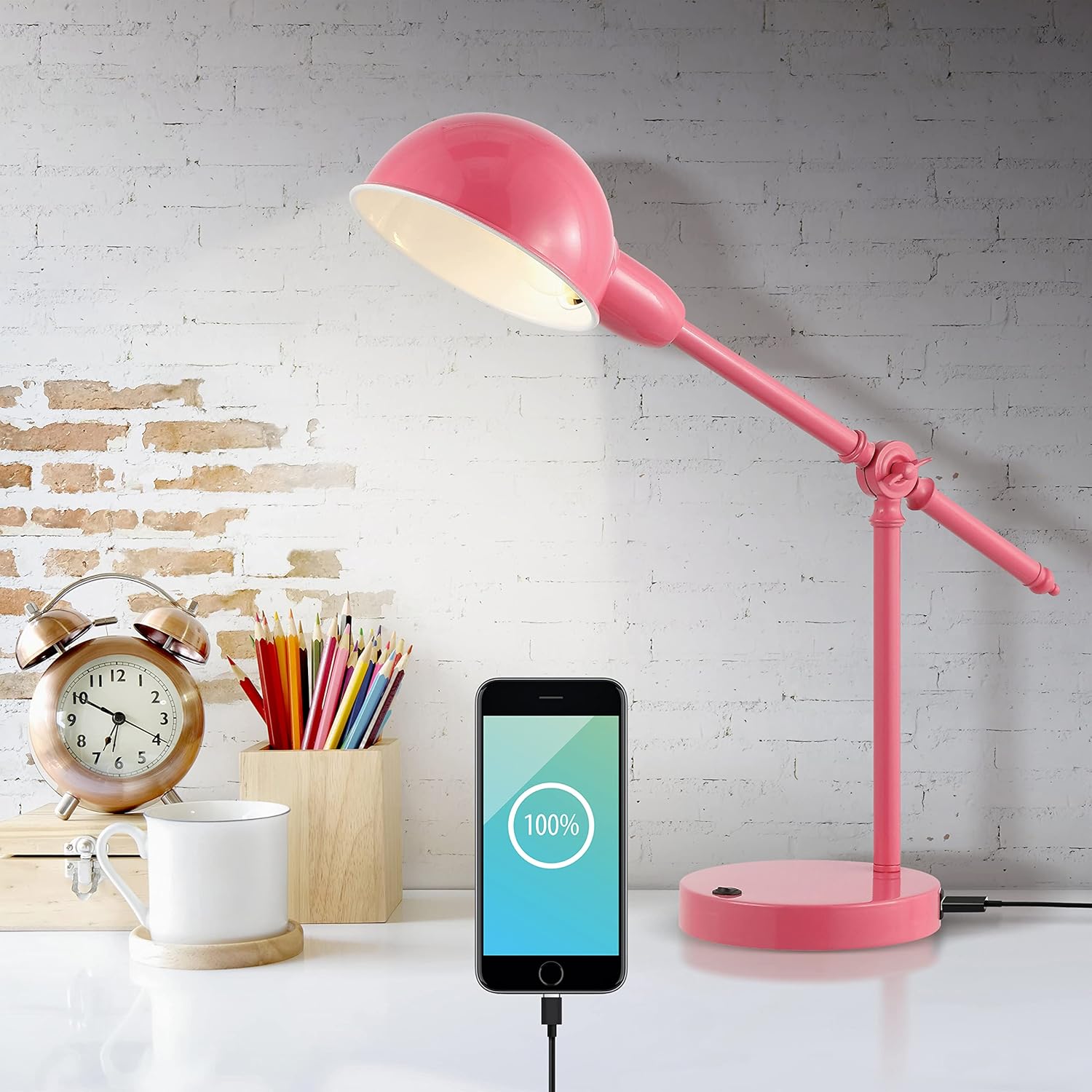 JONATHAN Y 20.25" Pink Vintage Industrial Iron Adjustable Task Lamp with USB Charging Port for Office Desk, Metal Yellow Dome Shade, LED Bulb Included (JYL7123D)
