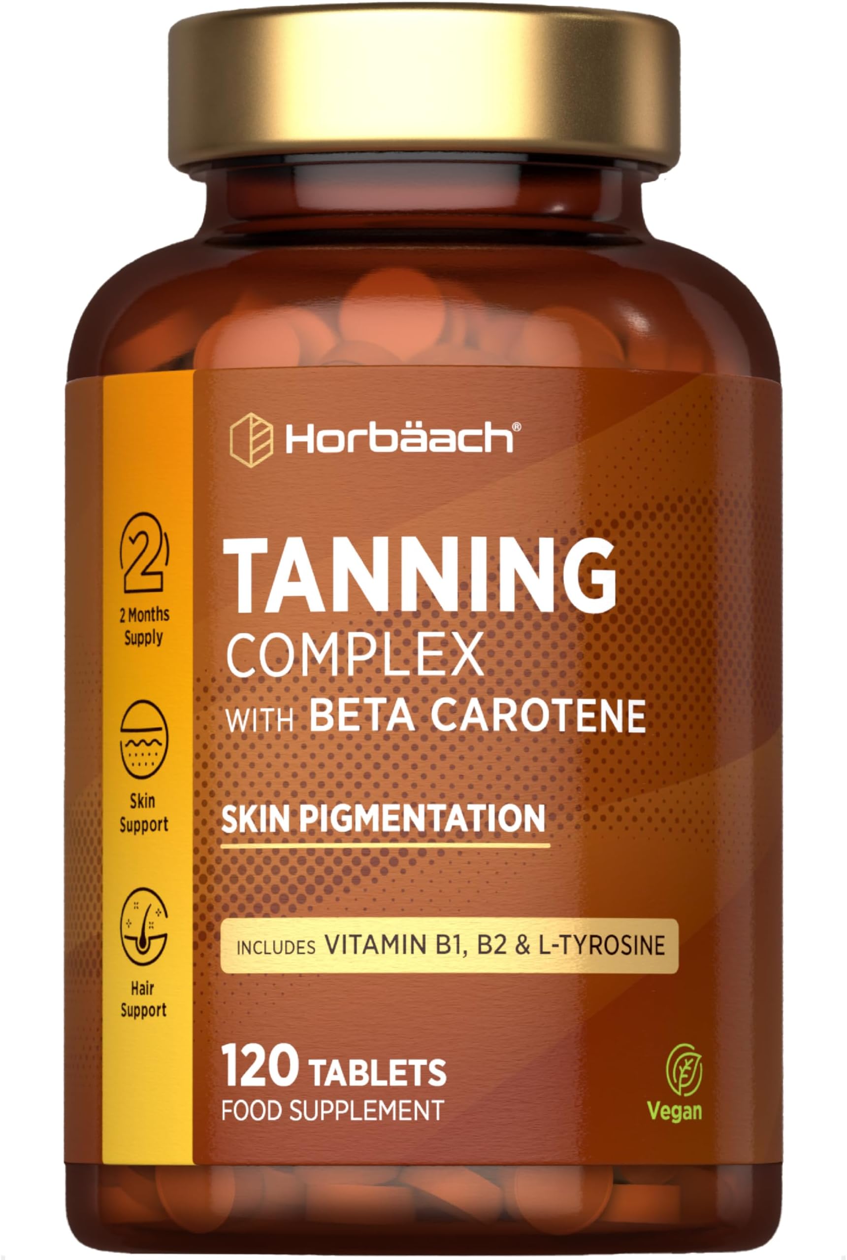 Beta Carotene Tanning Tablets | Supplement with L-Tyrosine, Copper, Vitamin B1 & B2, Zinc & Vitamin A | 120 High-Strength Vegan Tablets | by Horbaach