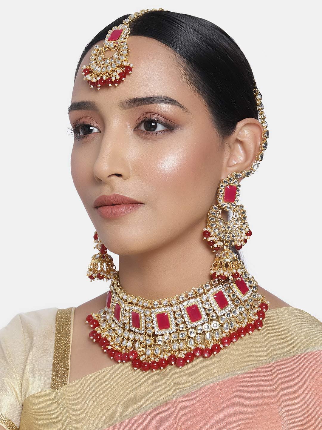 Aheli Traditional Faux Kudan Choker Necklace Earrings Maang Tikka Set Bollywood Wedding Indian Bridal Bharatanatyam jewellery set Gift for Women - Image 2