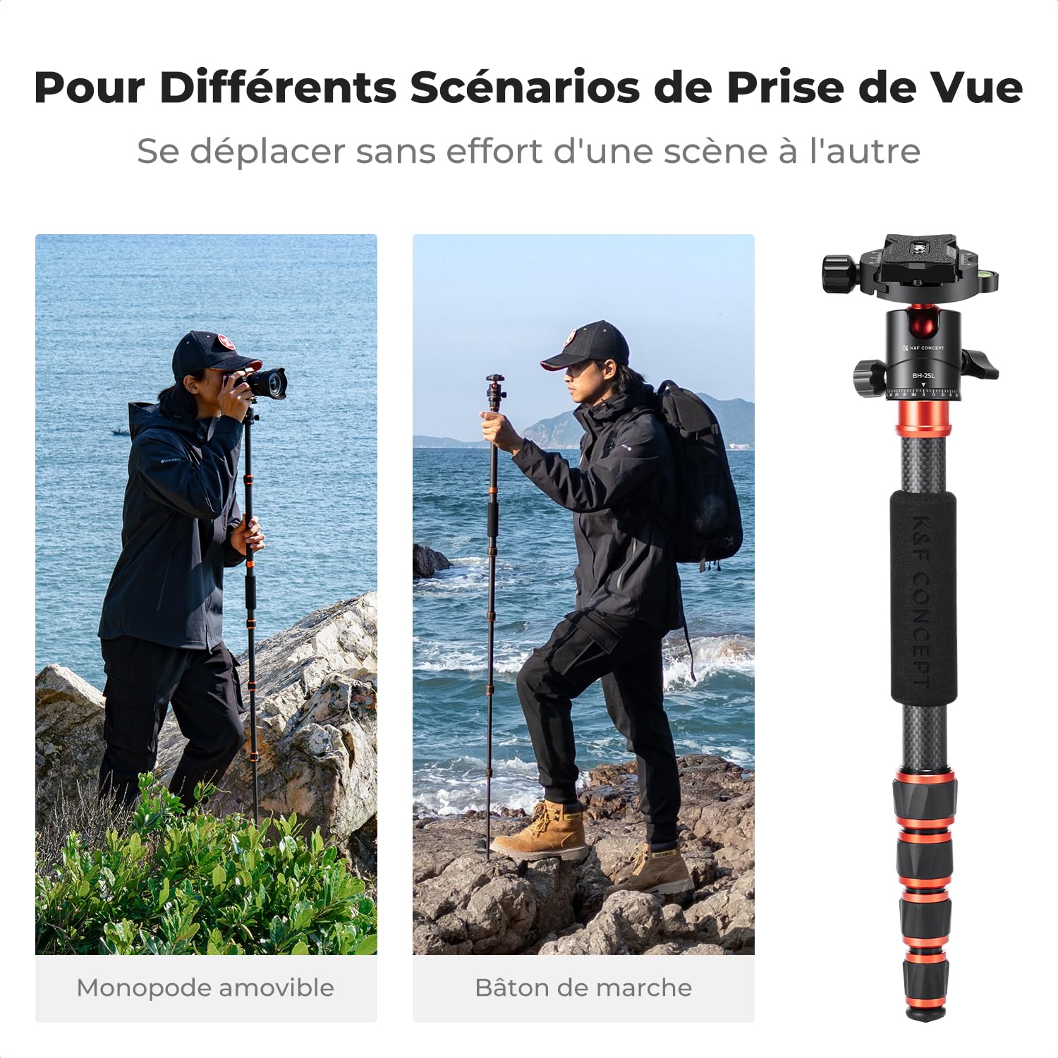 K&F Concept Trepied Carbone Monopode Appareil Photo 153cm, Trépied Professionel Compact A225C0 pour DSLR, Trepied Voyage Leger 5 Sections avec Rotule Metal Sac Transport Inclus Max:8kg