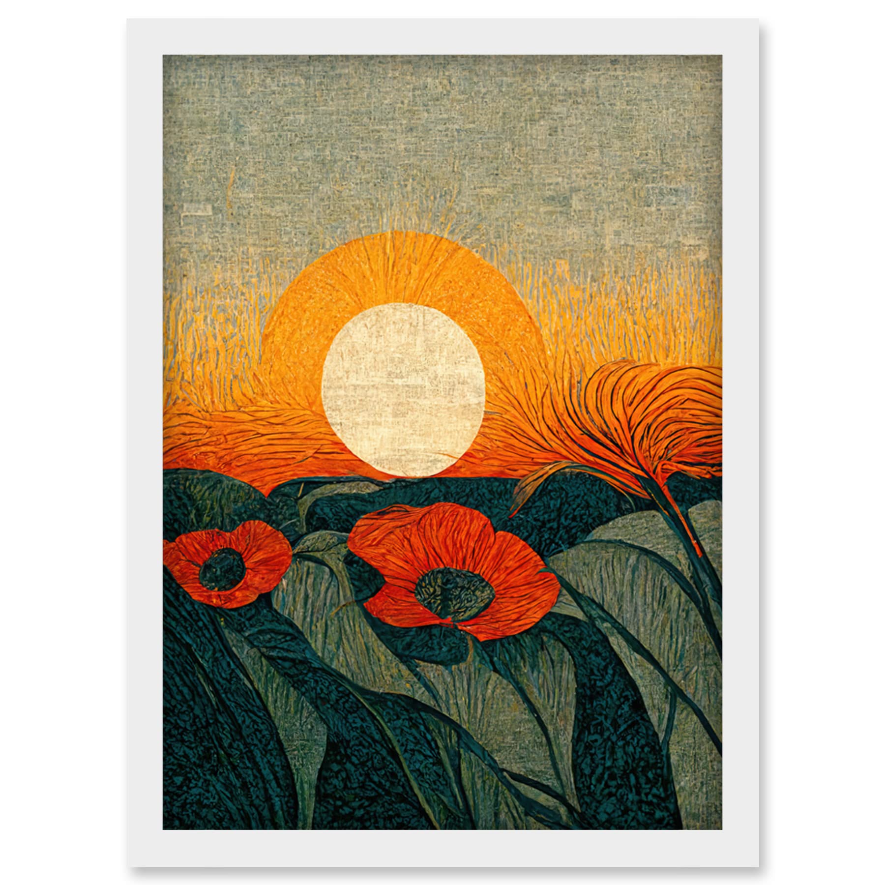 Doppelganger33 LTD Abstract Sunrise Over Poppy Meadow William Morris Style Artwork Framed Wall Art Print A4