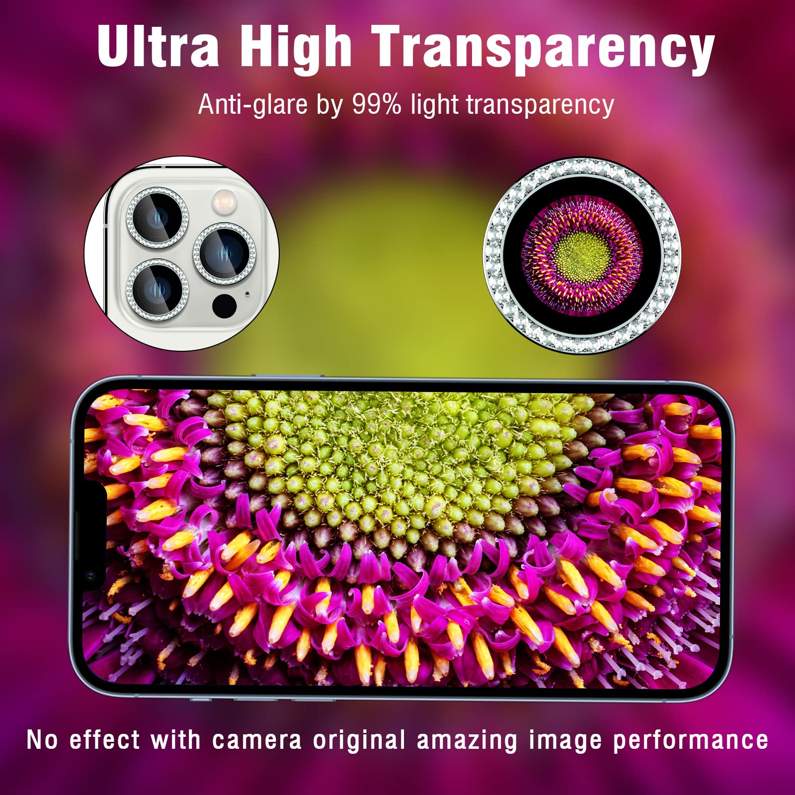 Bling Diamond osłona obiektywu aparatu do iPhone'a 13 Pro / iPhone 13 Pro Max, HD przezroczysta osłona obiektywu aparatu ze szkła hartowanego, przyjazna dla etui, odporna na zarysowania (srebrny