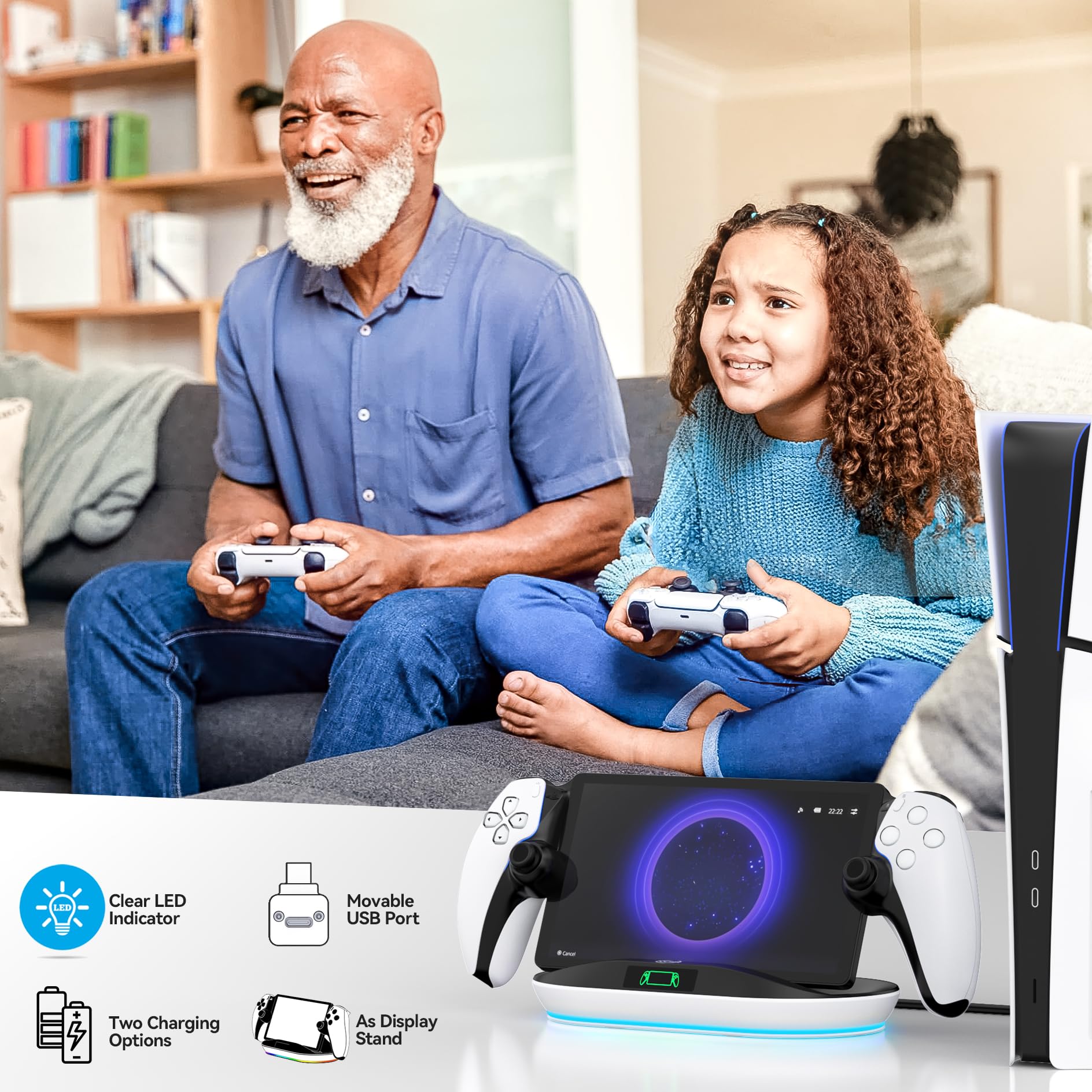 Support de Charge pour Lecteur à Distance PS Portal, Station de Charge Portable PS avec 9 Modes LED, Chargeur de Support PS, Station d’Accueil Portal avec Connecteur Magnétique, Socle Portable PS