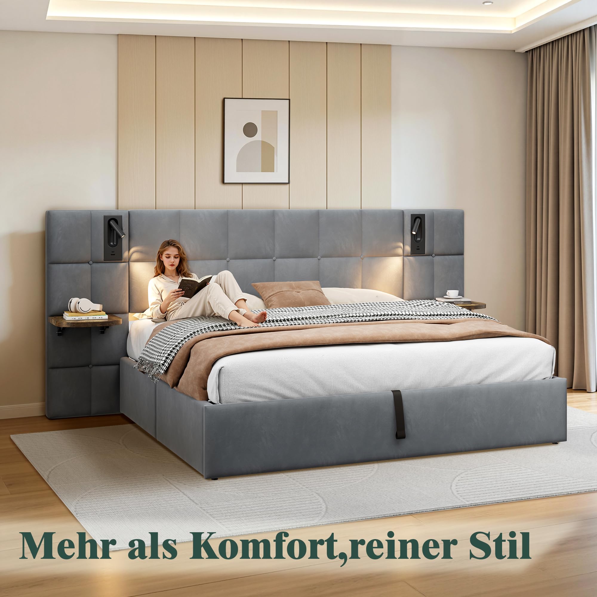 LUXOAK Polsterbett mit Stauraum, Gasdruckfeder, Grau | Bettkasten mit Gasfedern | Leselampen, USB-A/C + Klappablage | stabiler Rahmen bis 454kg Tragkraft